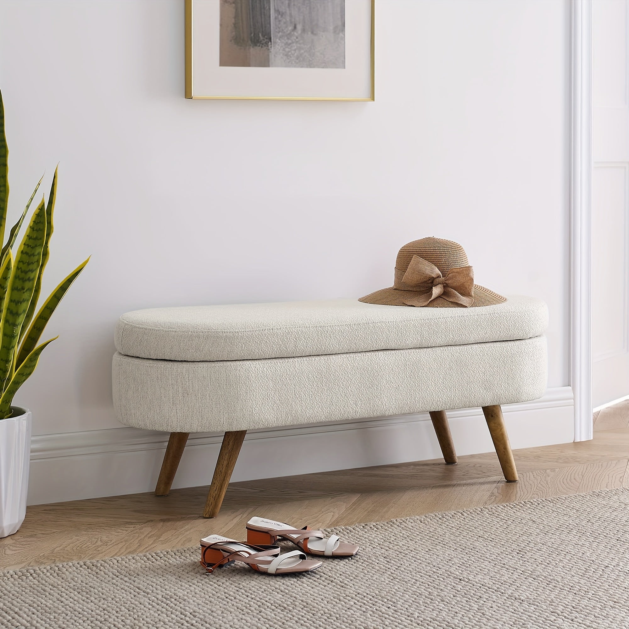 Oval Entrance Storage Bench, Linen Storage Footstool, Modern Comfortable Bedside Stool, Solid Wood Legs And Safety Hinges for Hallway Bedroom Living Room Scene Storage Footstool Bedroom Storage Stool