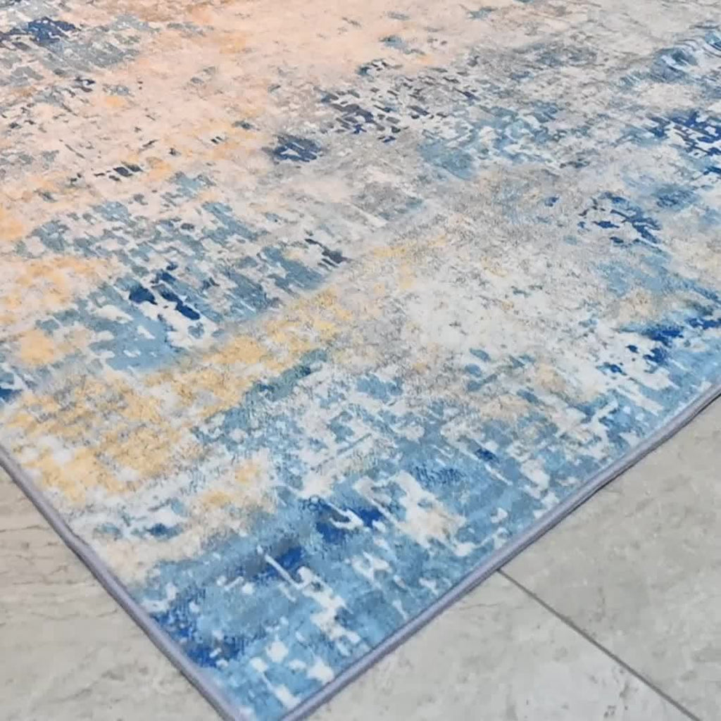 1pc Modern Moroccan Boho Rug - Neutral Blue & Brown Low-Pile Carpet Suitable for Living Room, Bedroom, Office - Machine Washable Soft Indoor Boho with Neutral Tones