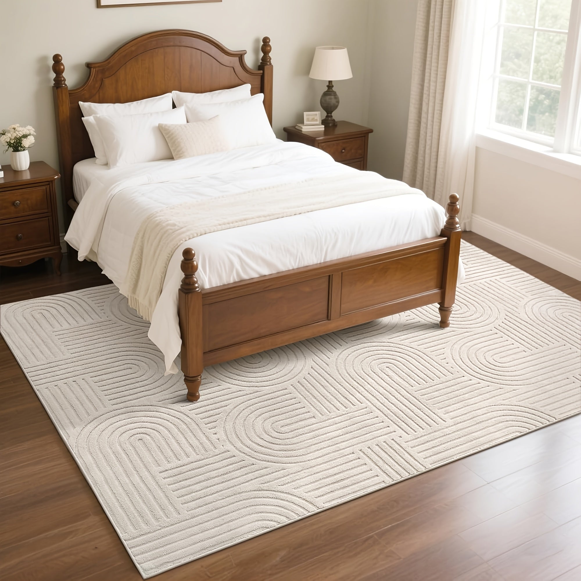 Beige Area Rug with a Soft, Cozy, And Fluffy Arch Pattern Featuring a High-Low Pile Texture. This Modern Geometric Carpet Is Non-Slip And Washable, Making It Perfect for The Living Room, Bedroom, Or Dining Room