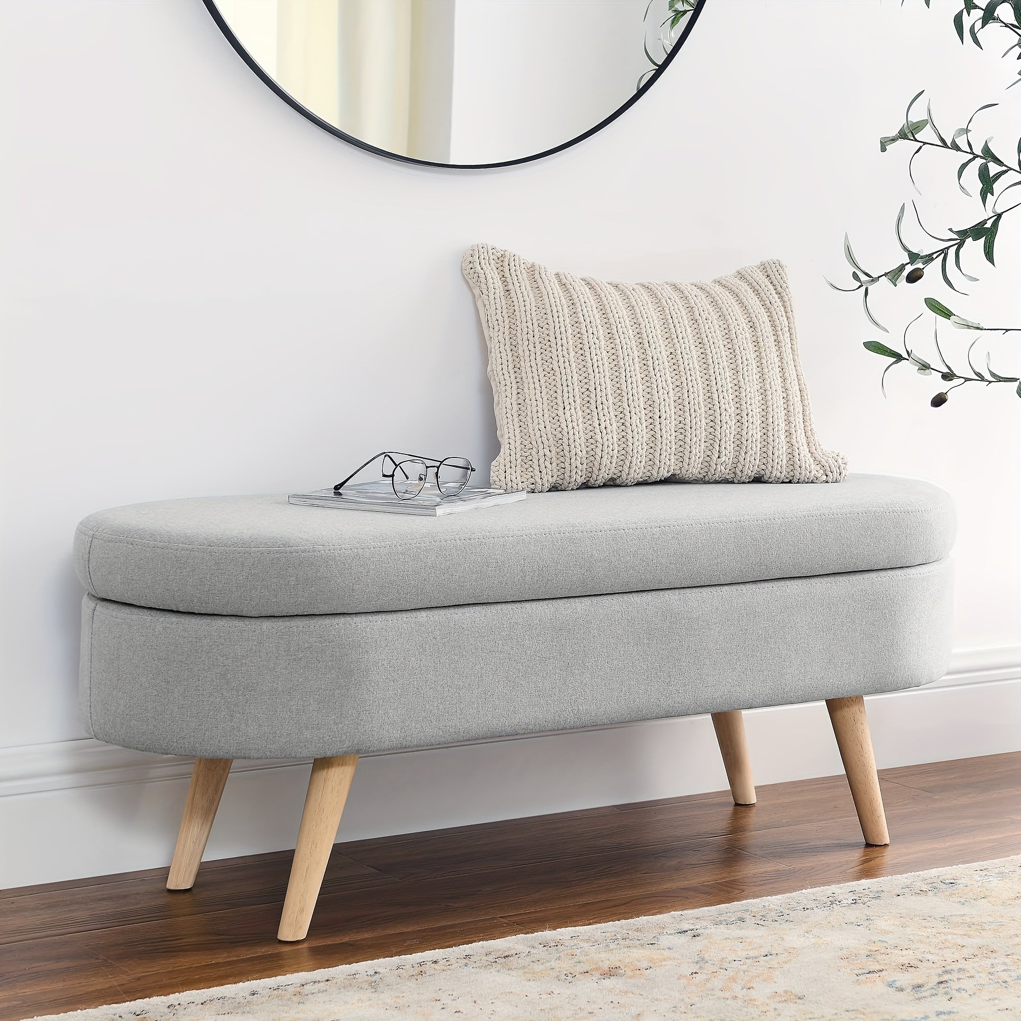 Oval Entrance Storage Bench, Linen Storage Footstool, Modern Comfortable Bedside Stool, Solid Wood Legs And Safety Hinges for Hallway Bedroom Living Room Scene Storage Footstool Bedroom Storage Stool