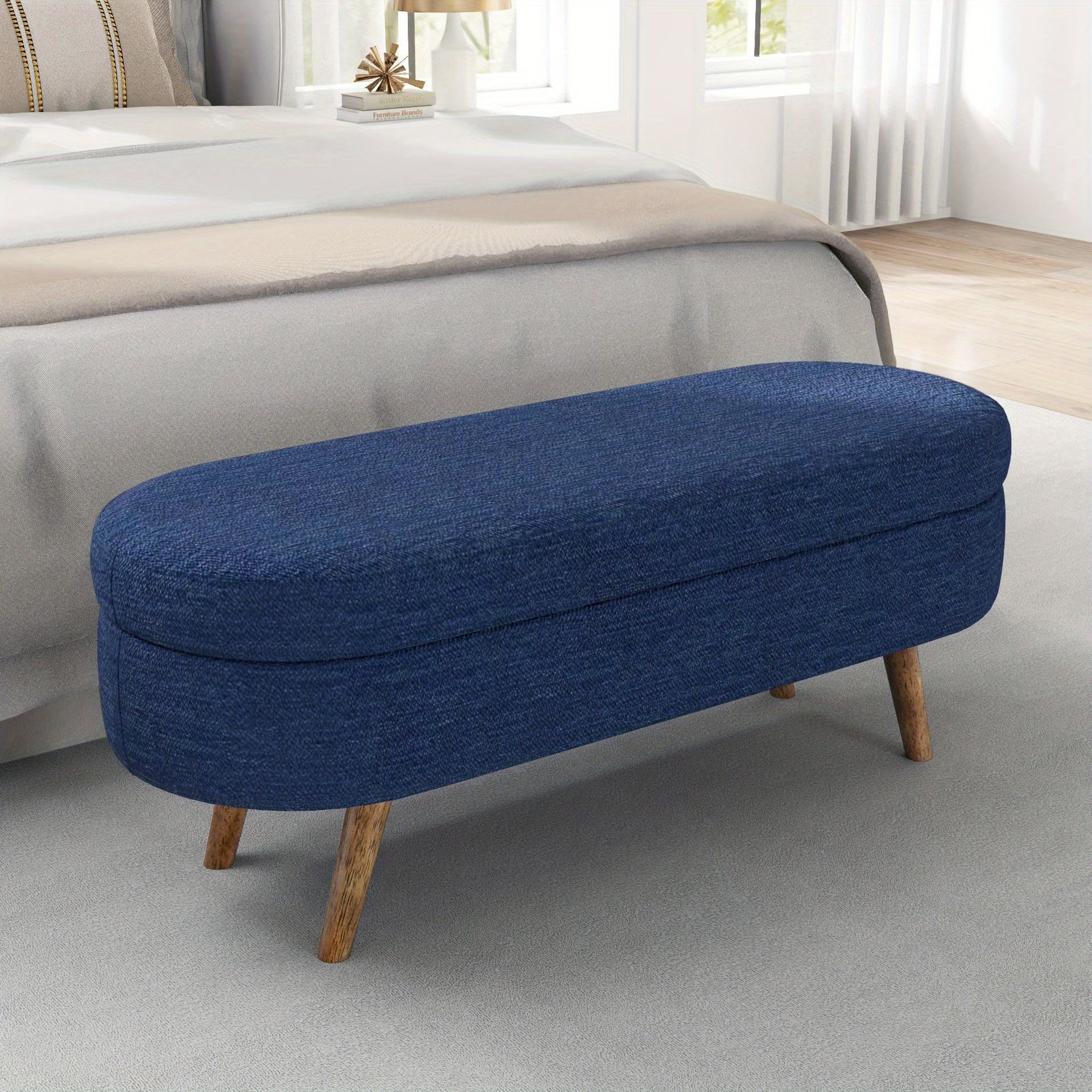 Oval Entrance Storage Bench, Linen Storage Footstool, Modern Comfortable Bedside Stool, Solid Wood Legs And Safety Hinges for Hallway Bedroom Living Room Scene Storage Footstool Bedroom Storage Stool