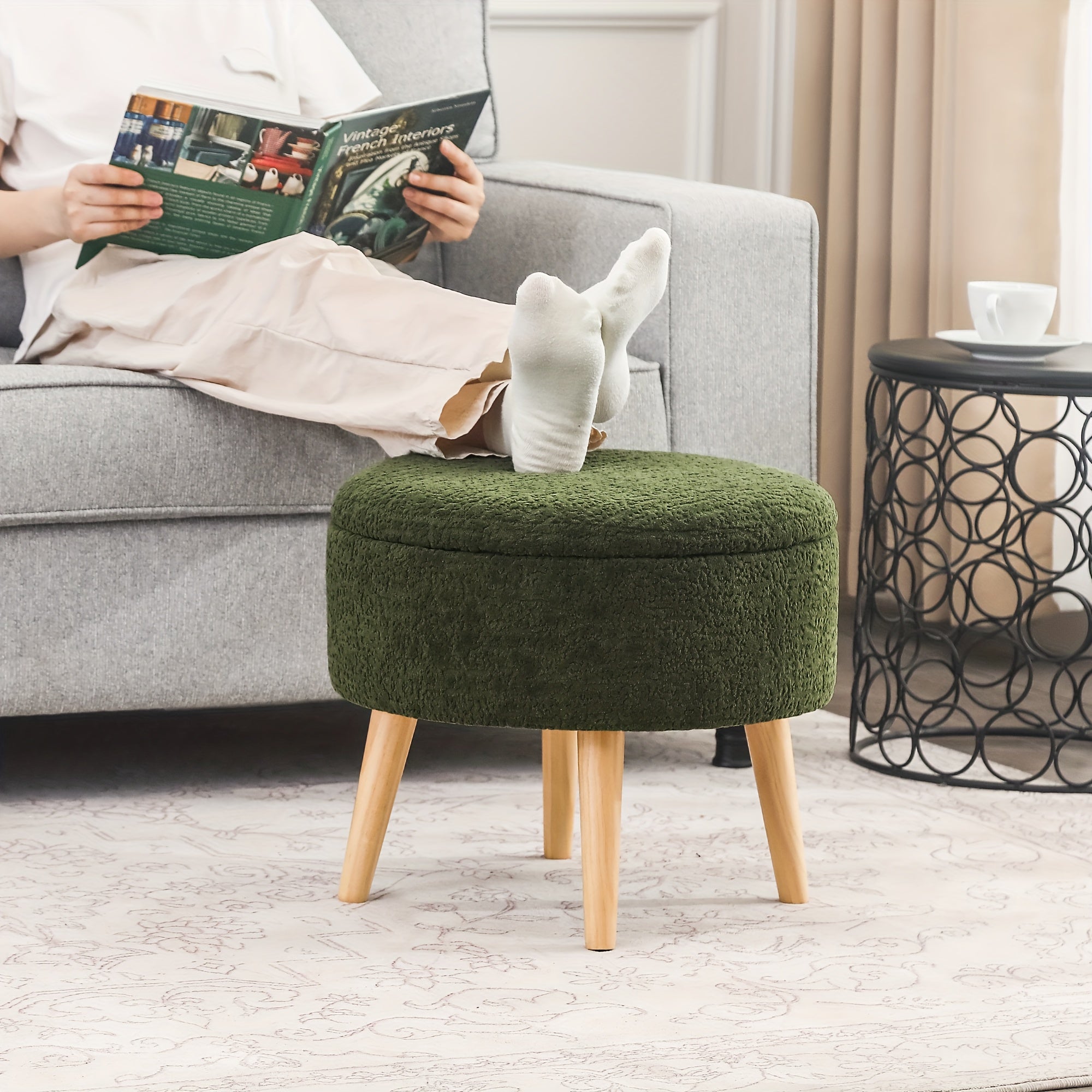 Compact Circular Ottoman Featuring Storage, a Coffee Table with a Detachable Tray Top, Upholstered in Teddy Velvet Fabric, Serving As a Footrest with Wooden Legs, Ideal As a Short Chair Footstool for The Living Area