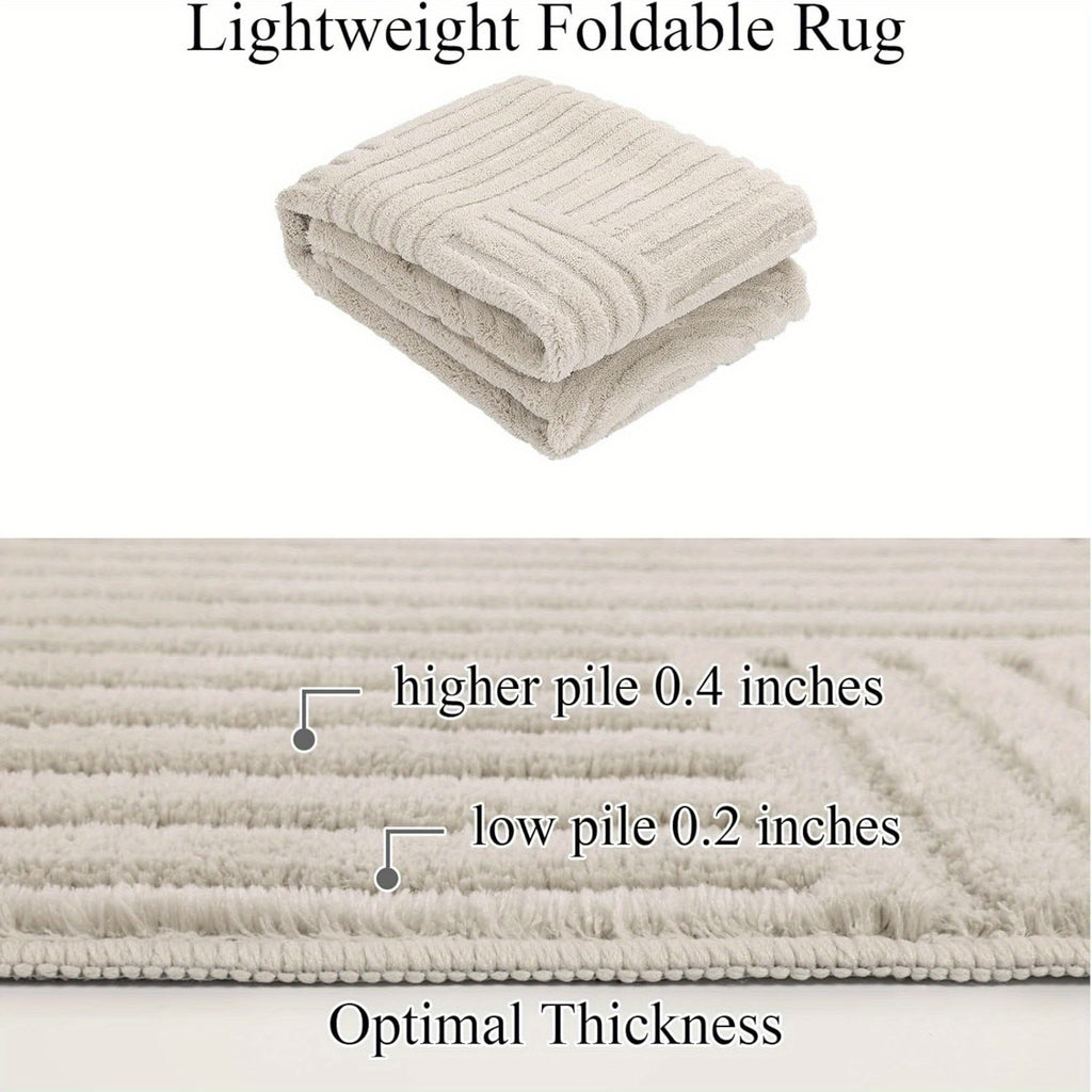 Beige Area Rug with a Soft, Cozy, And Fluffy Arch Pattern Featuring a High-Low Pile Texture. This Modern Geometric Carpet Is Non-Slip And Washable, Making It Perfect for The Living Room, Bedroom, Or Dining Room