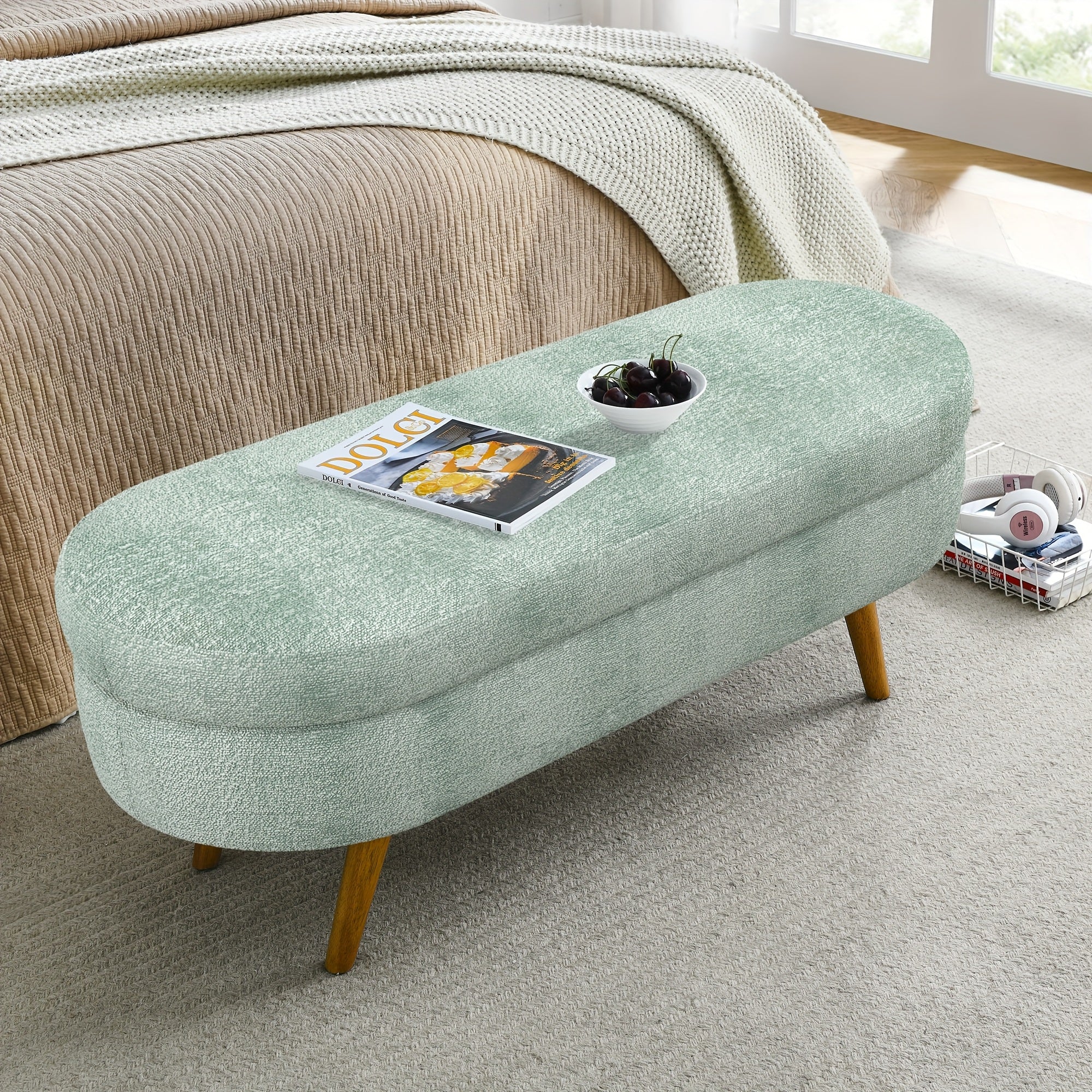 Oval Entrance Storage Bench, Linen Storage Footstool, Modern Comfortable Bedside Stool, Solid Wood Legs And Safety Hinges for Hallway Bedroom Living Room Scene Storage Footstool Bedroom Storage Stool