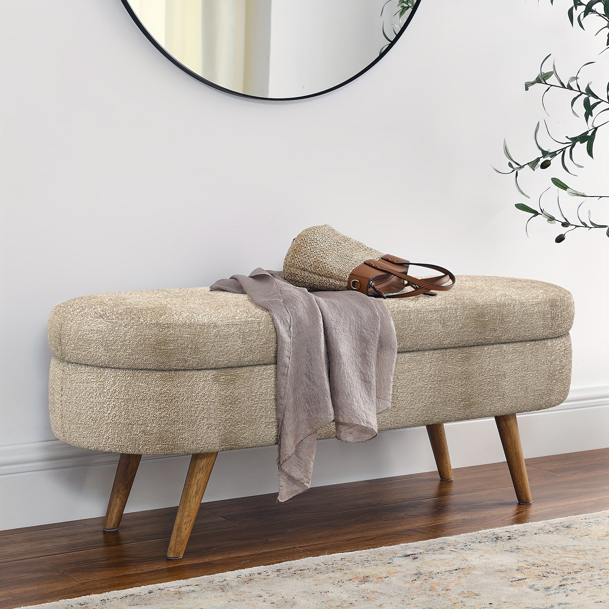 Oval Entrance Storage Bench, Linen Storage Footstool, Modern Comfortable Bedside Stool, Solid Wood Legs And Safety Hinges for Hallway Bedroom Living Room Scene Storage Footstool Bedroom Storage Stool