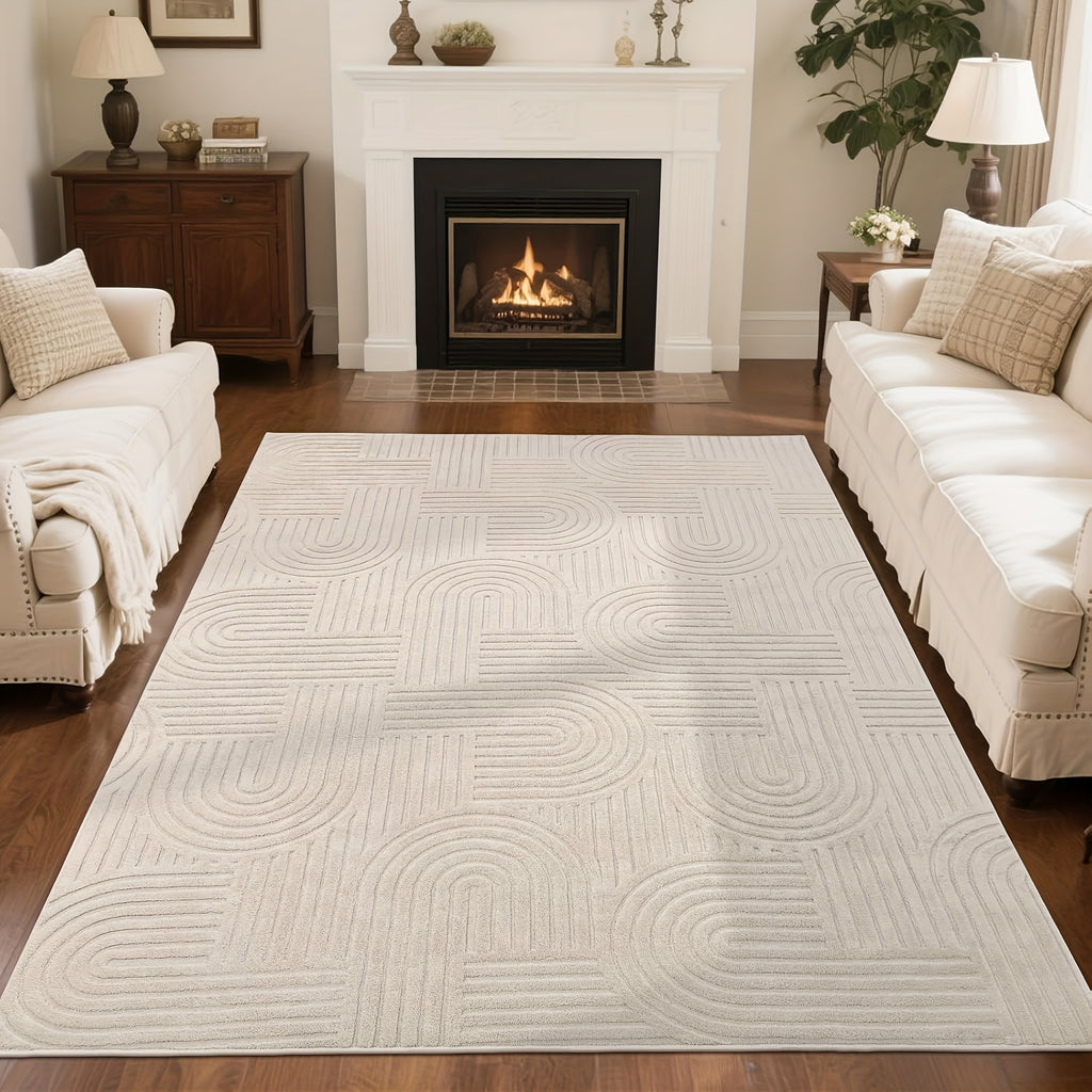 Beige Area Rug with a Soft, Cozy, And Fluffy Arch Pattern Featuring a High-Low Pile Texture. This Modern Geometric Carpet Is Non-Slip And Washable, Making It Perfect for The Living Room, Bedroom, Or Dining Room