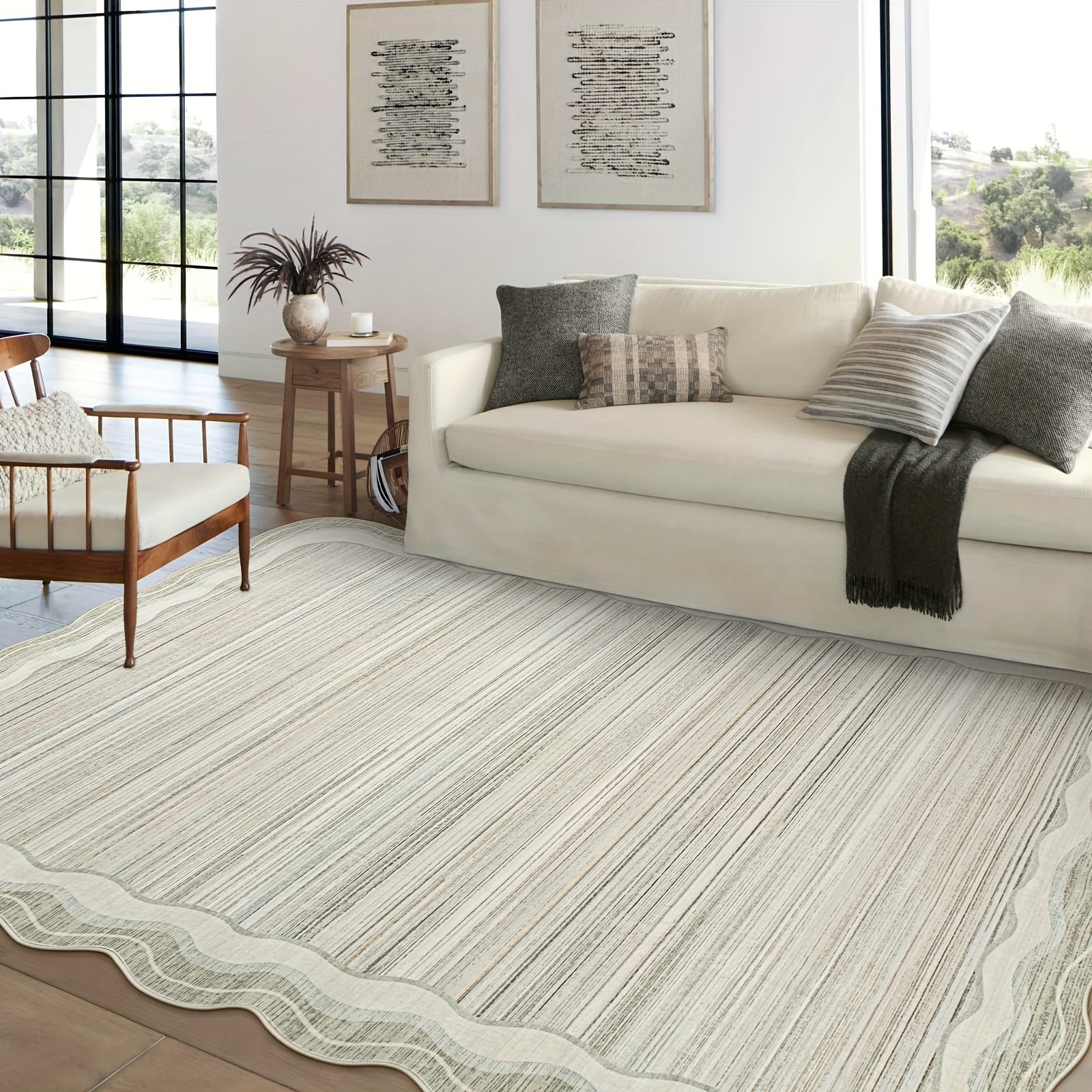 Beige Modern Area Rug Large Beige Abstract Minimalist Soft Non-Slip Low-Pile Modern Area Rugs | Washable Rugs For Living Room Bedroom Dining Room Home Office