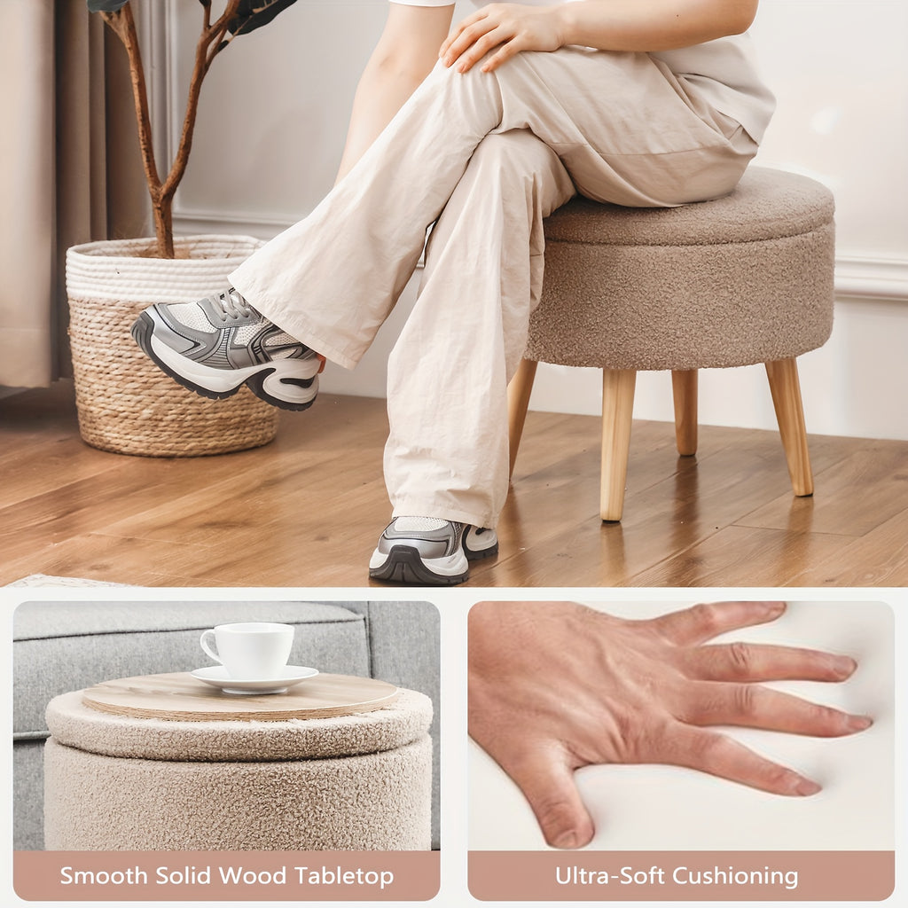 Compact Circular Ottoman Featuring Storage, a Coffee Table with a Detachable Tray Top, Upholstered in Teddy Velvet Fabric, Serving As a Footrest with Wooden Legs, Ideal As a Short Chair Footstool for The Living Area