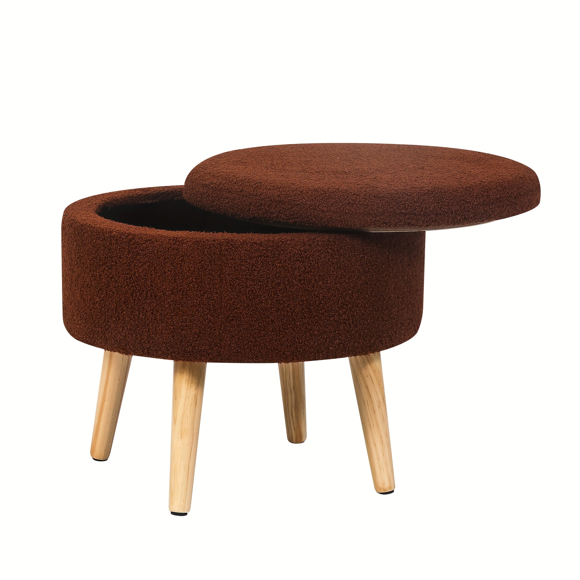 Compact Circular Ottoman Featuring Storage, a Coffee Table with a Detachable Tray Top, Upholstered in Teddy Velvet Fabric, Serving As a Footrest with Wooden Legs, Ideal As a Short Chair Footstool for The Living Area