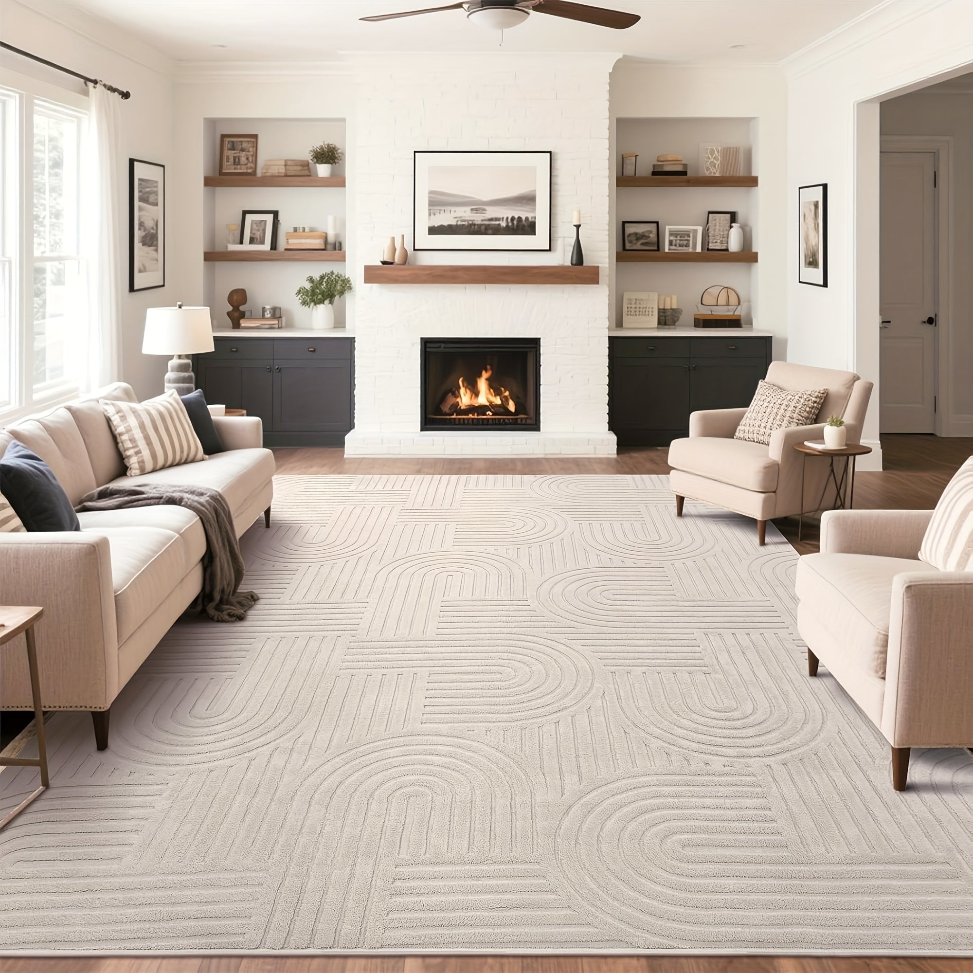 Beige Area Rug with a Soft, Cozy, And Fluffy Arch Pattern Featuring a High-Low Pile Texture. This Modern Geometric Carpet Is Non-Slip And Washable, Making It Perfect for The Living Room, Bedroom, Or Dining Room