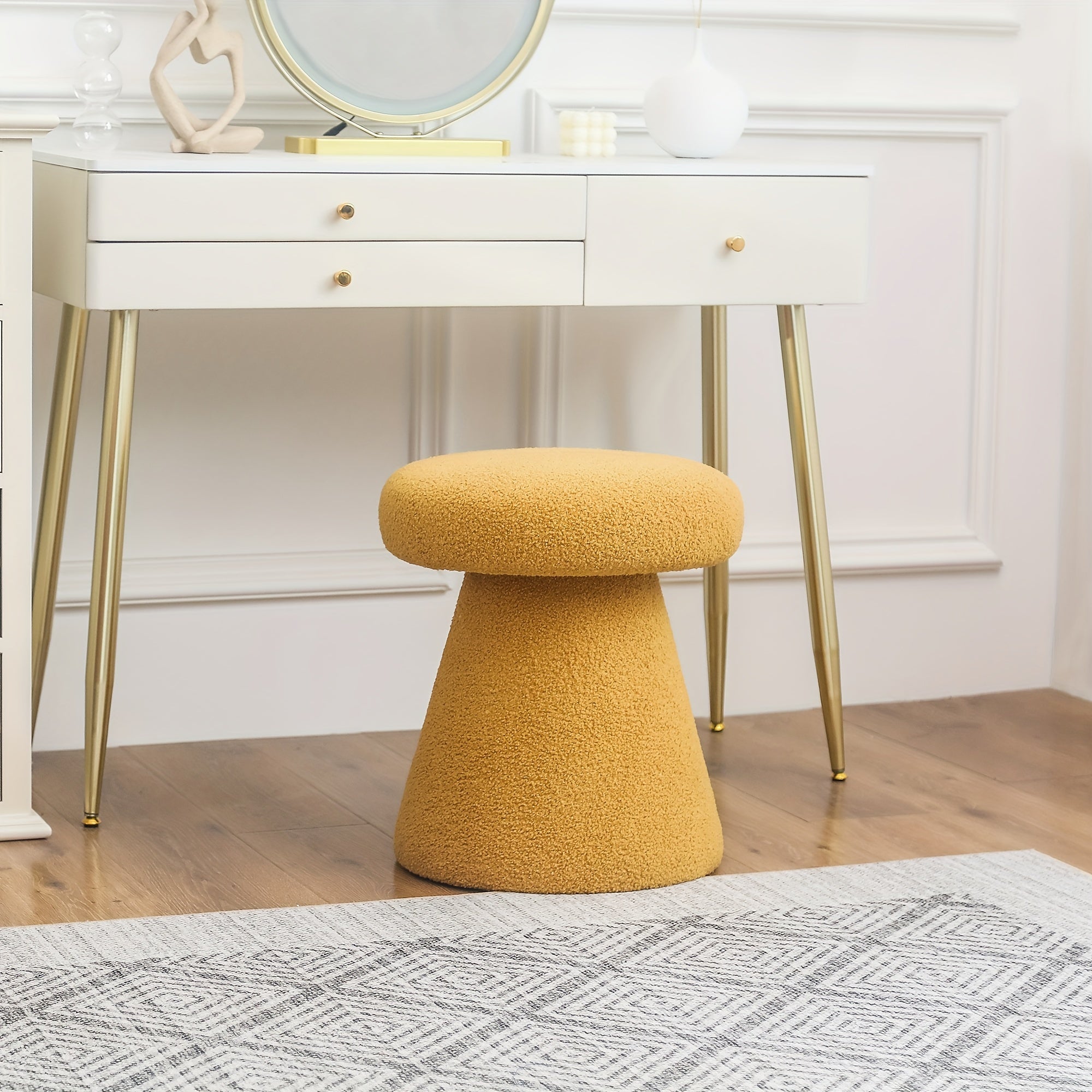 Mushroom Ottoman Foot Stool with Velvet Upholstery & Base - Round Small Modern Footrest, Footstool for Living Room, Bedroom, Entryway - Elegant Vanity Stool for &, Compact Furniture in Neutral Tones & Multi-Colors,