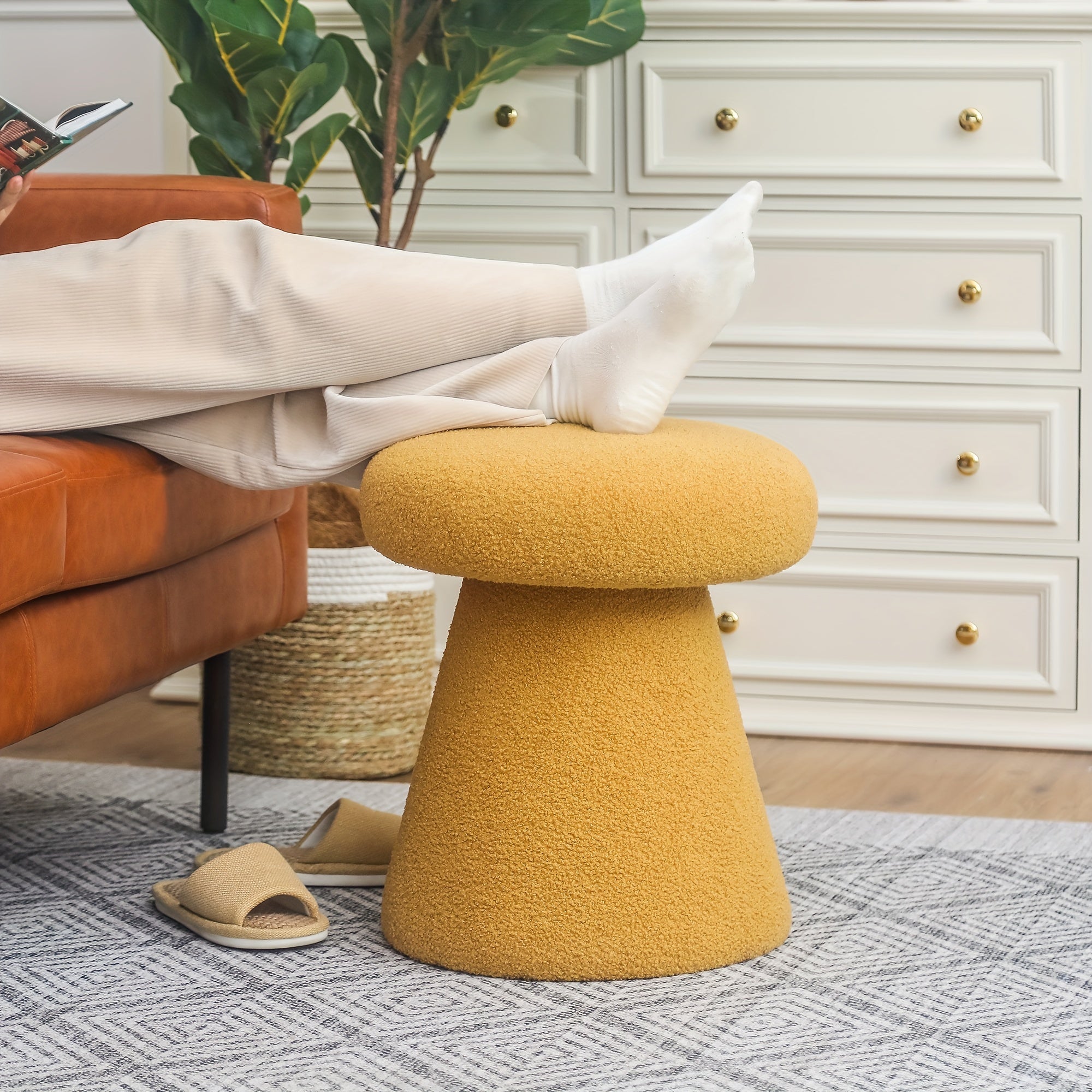 Mushroom Ottoman Foot Stool with Velvet Upholstery & Base - Round Small Modern Footrest, Footstool for Living Room, Bedroom, Entryway - Elegant Vanity Stool for &, Compact Furniture in Neutral Tones & Multi-Colors,