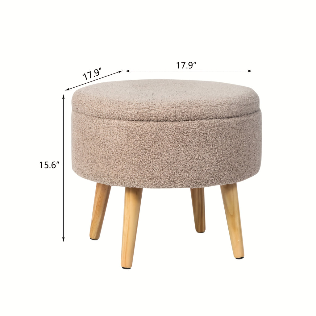 Compact Circular Ottoman Featuring Storage, a Coffee Table with a Detachable Tray Top, Upholstered in Teddy Velvet Fabric, Serving As a Footrest with Wooden Legs, Ideal As a Short Chair Footstool for The Living Area