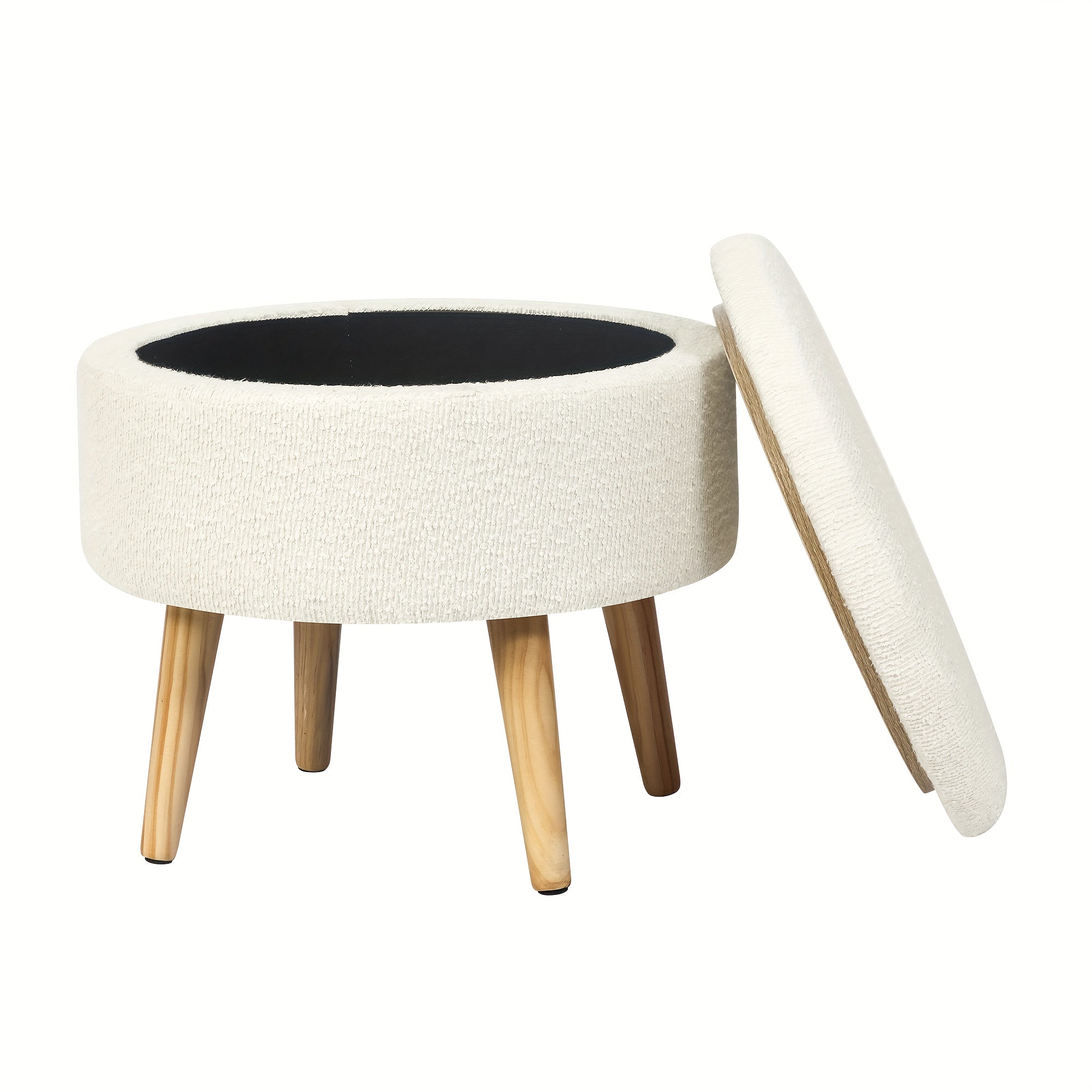 Compact Circular Ottoman Featuring Storage, a Coffee Table with a Detachable Tray Top, Upholstered in Teddy Velvet Fabric, Serving As a Footrest with Wooden Legs, Ideal As a Short Chair Footstool for The Living Area
