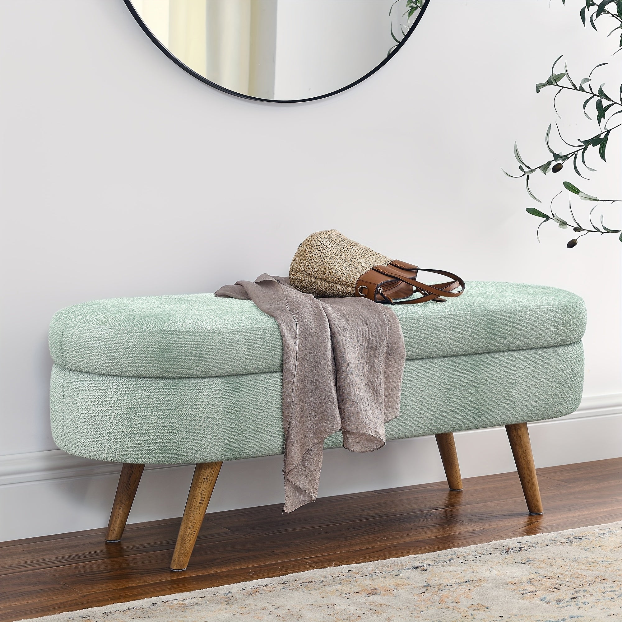 Oval Entrance Storage Bench, Linen Storage Footstool, Modern Comfortable Bedside Stool, Solid Wood Legs And Safety Hinges for Hallway Bedroom Living Room Scene Storage Footstool Bedroom Storage Stool