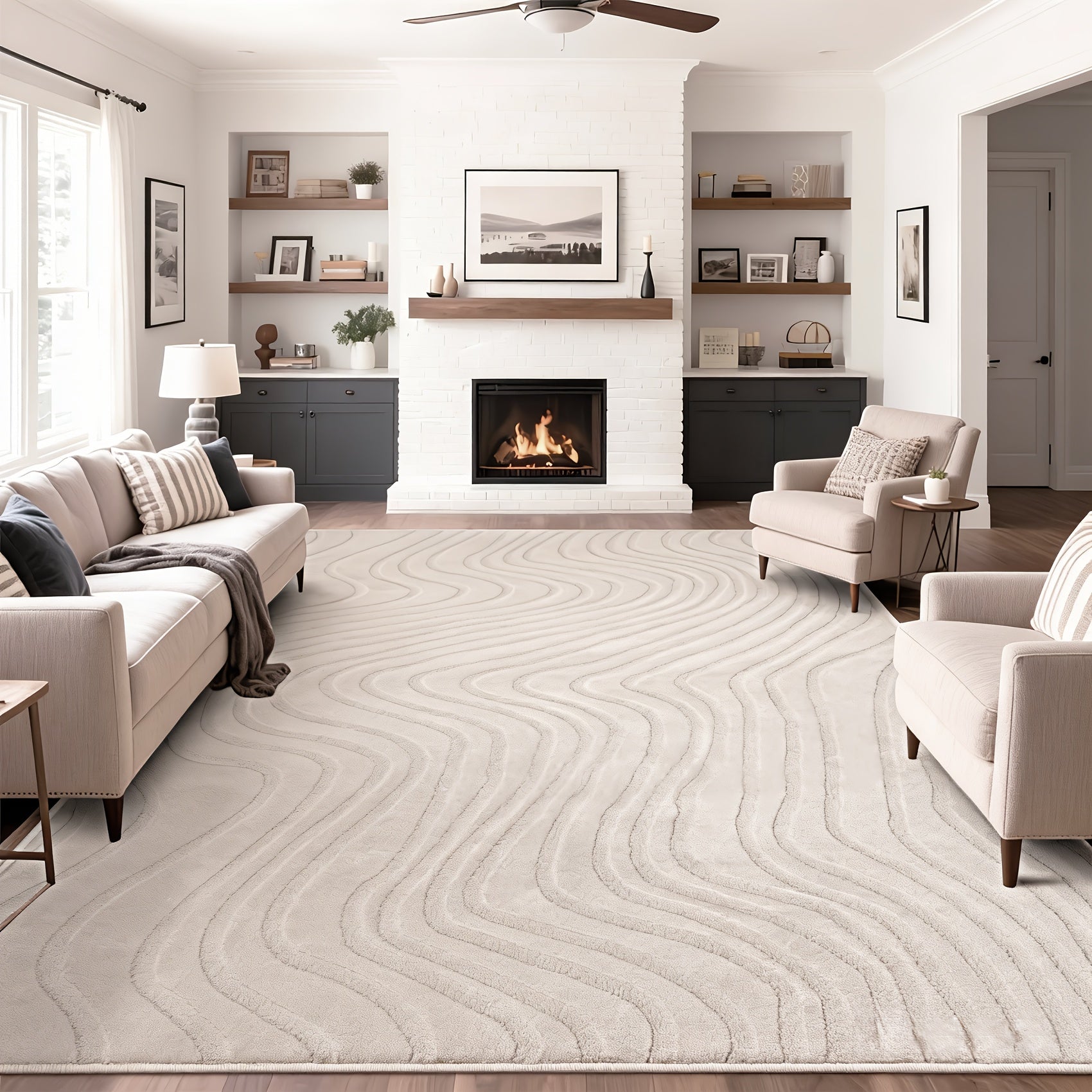 Beige Area Rug with a Soft, Cozy, And Fluffy Arch Pattern Featuring a High-Low Pile Texture. This Modern Geometric Carpet Is Non-Slip And Washable, Making It Perfect for The Living Room, Bedroom, Or Dining Room