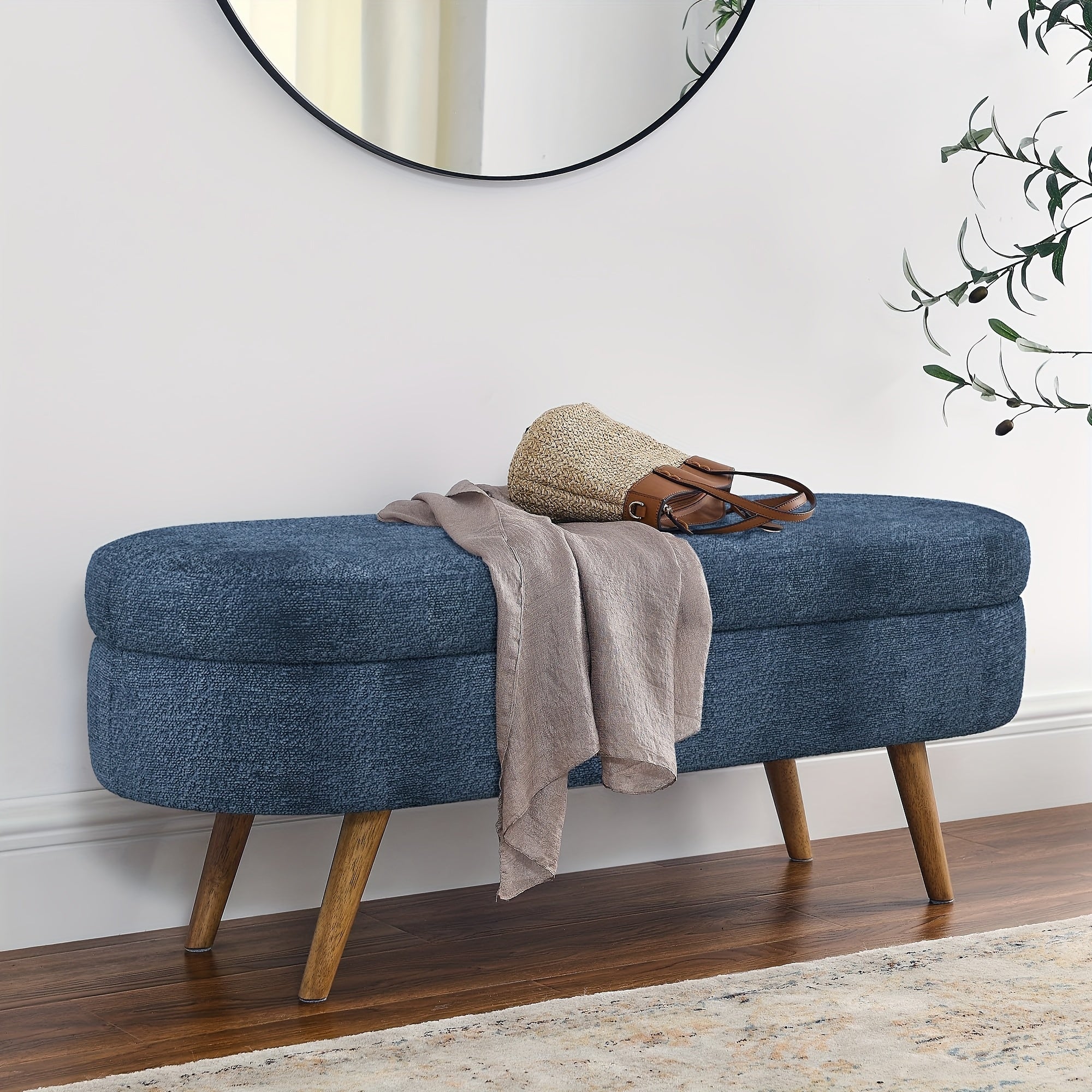 Oval Entrance Storage Bench, Linen Storage Footstool, Modern Comfortable Bedside Stool, Solid Wood Legs And Safety Hinges for Hallway Bedroom Living Room Scene Storage Footstool Bedroom Storage Stool
