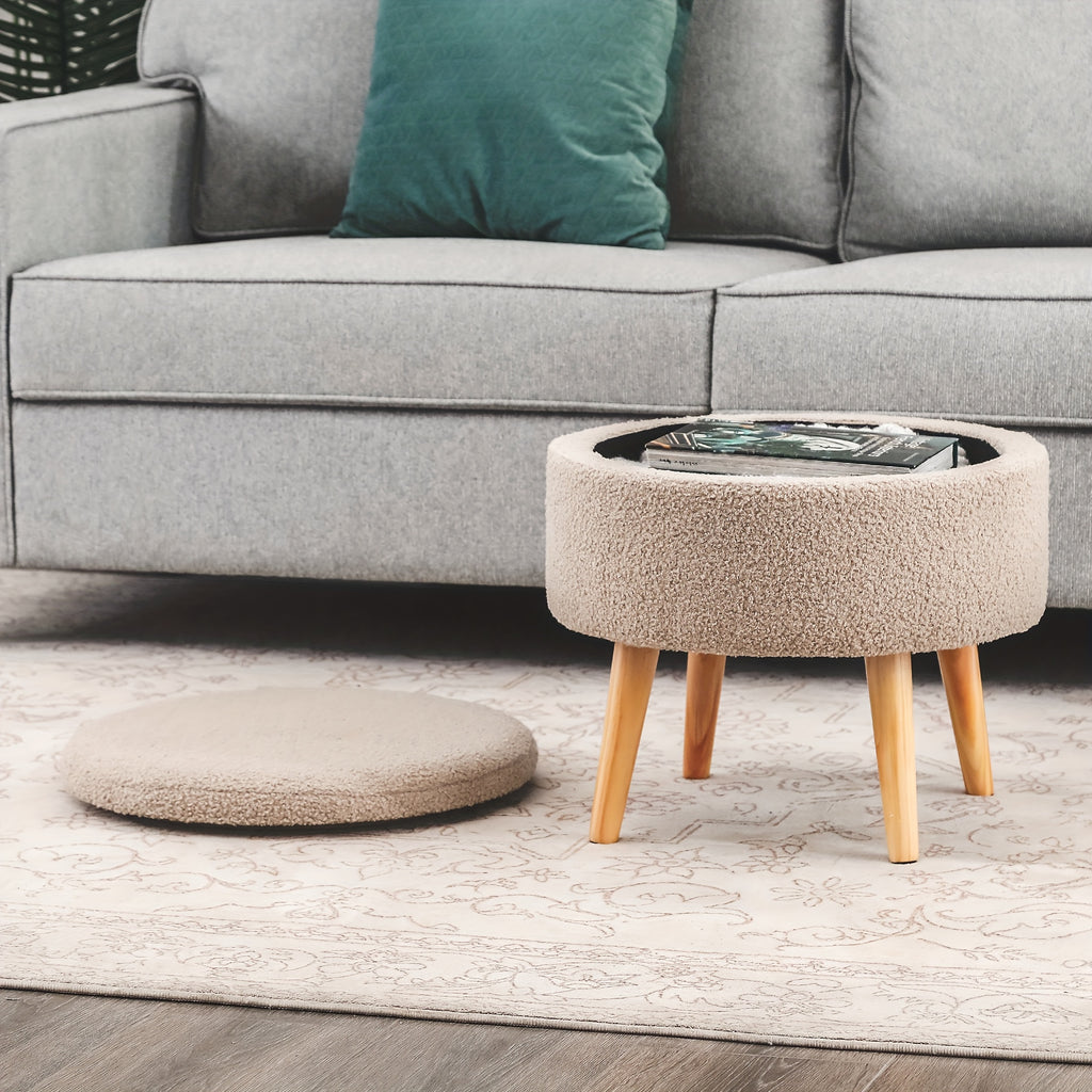 Compact Circular Ottoman Featuring Storage, a Coffee Table with a Detachable Tray Top, Upholstered in Teddy Velvet Fabric, Serving As a Footrest with Wooden Legs, Ideal As a Short Chair Footstool for The Living Area