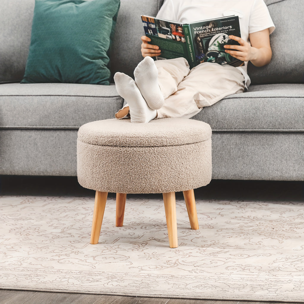 Compact Circular Ottoman Featuring Storage, a Coffee Table with a Detachable Tray Top, Upholstered in Teddy Velvet Fabric, Serving As a Footrest with Wooden Legs, Ideal As a Short Chair Footstool for The Living Area