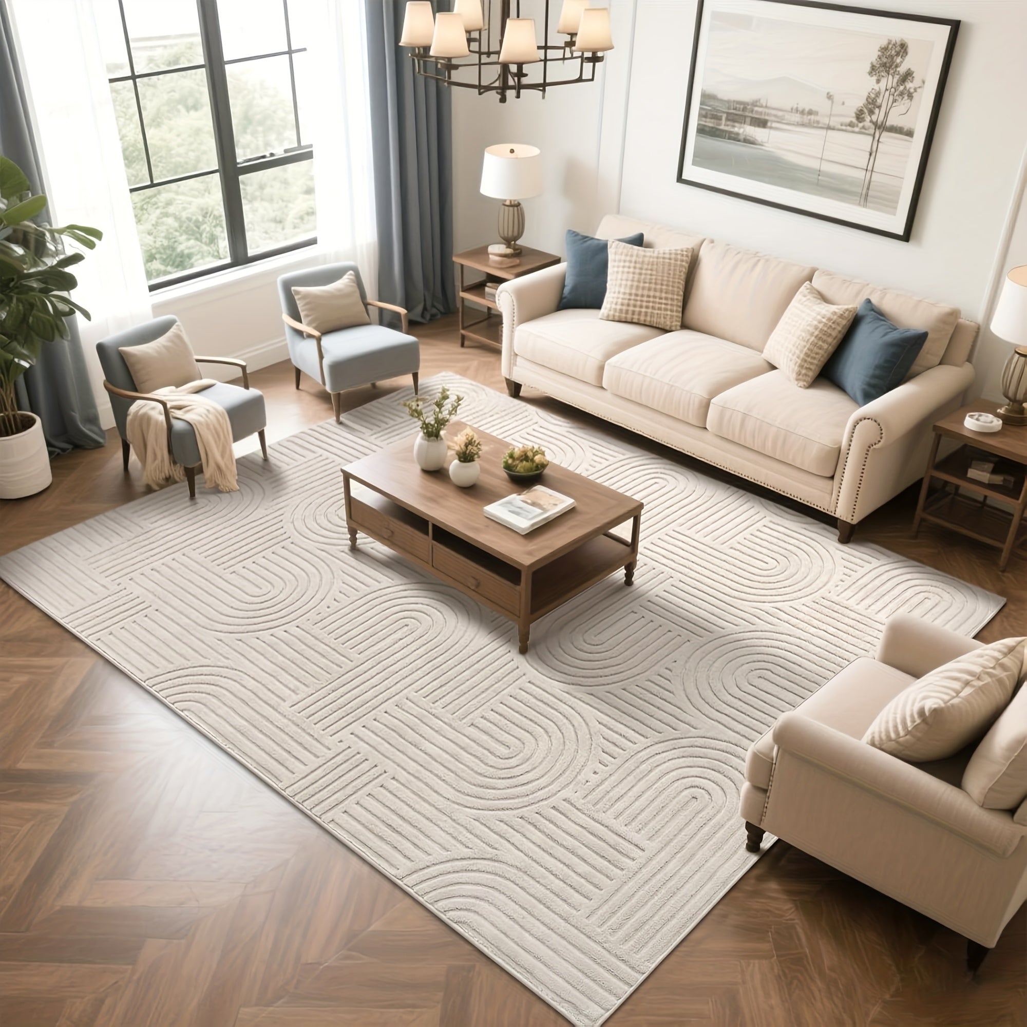 Beige Area Rug with a Soft, Cozy, And Fluffy Arch Pattern Featuring a High-Low Pile Texture. This Modern Geometric Carpet Is Non-Slip And Washable, Making It Perfect for The Living Room, Bedroom, Or Dining Room