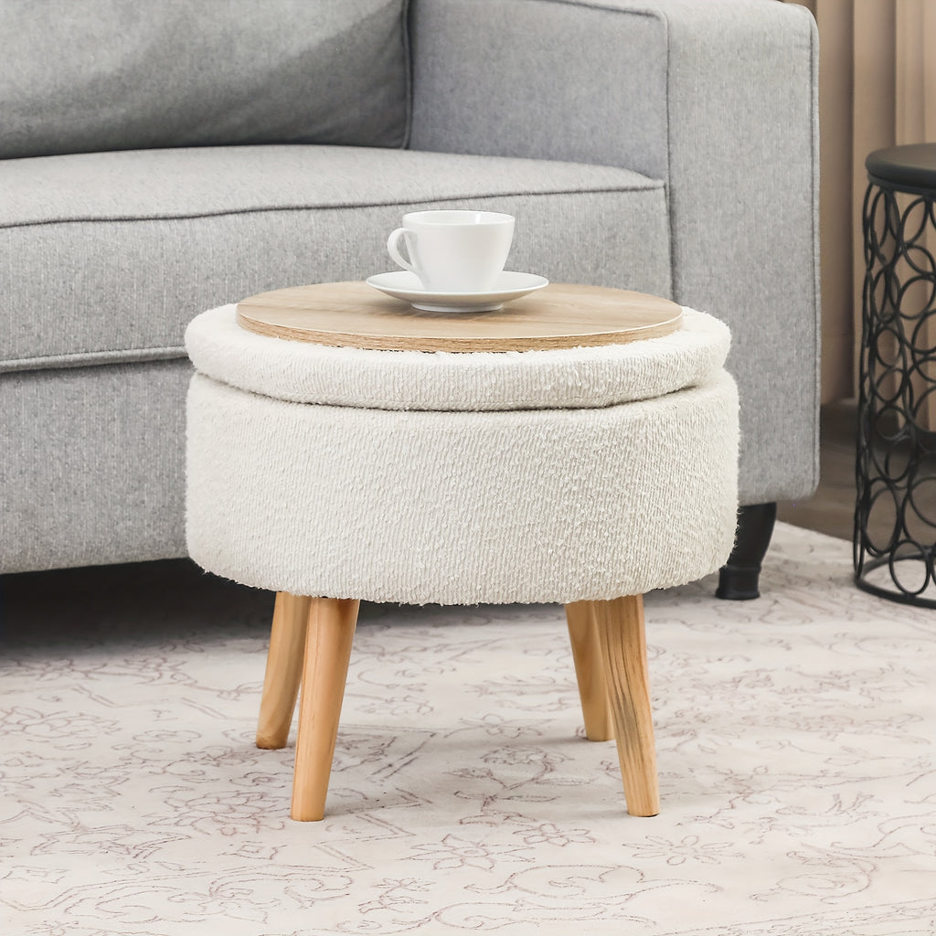 Compact Circular Ottoman Featuring Storage, a Coffee Table with a Detachable Tray Top, Upholstered in Teddy Velvet Fabric, Serving As a Footrest with Wooden Legs, Ideal As a Short Chair Footstool for The Living Area