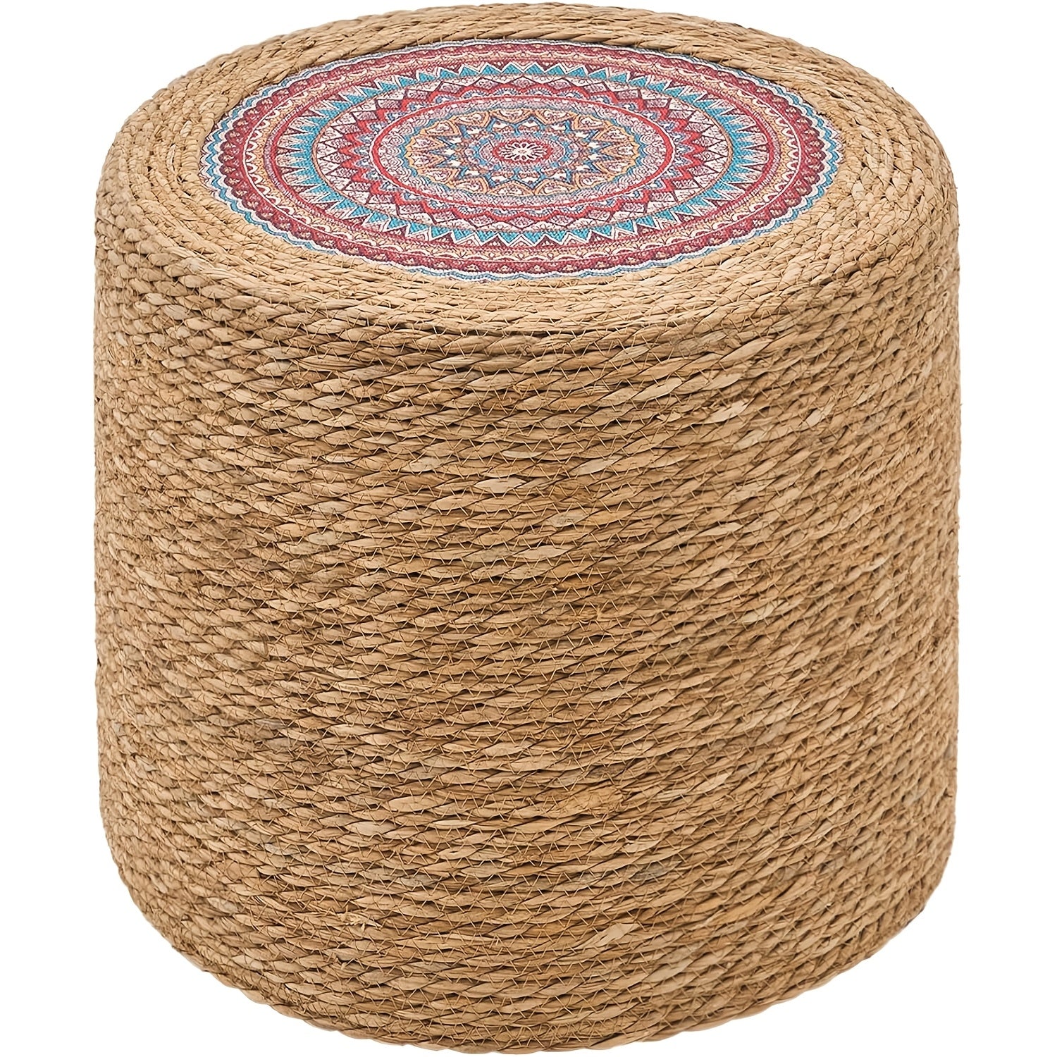 Round Pouf Ottoman, Natural Hand Knitted Footrest Poof, Rustic Lounge Pouffe, Boho Pous Foot Stool, Accent Table Or Seat