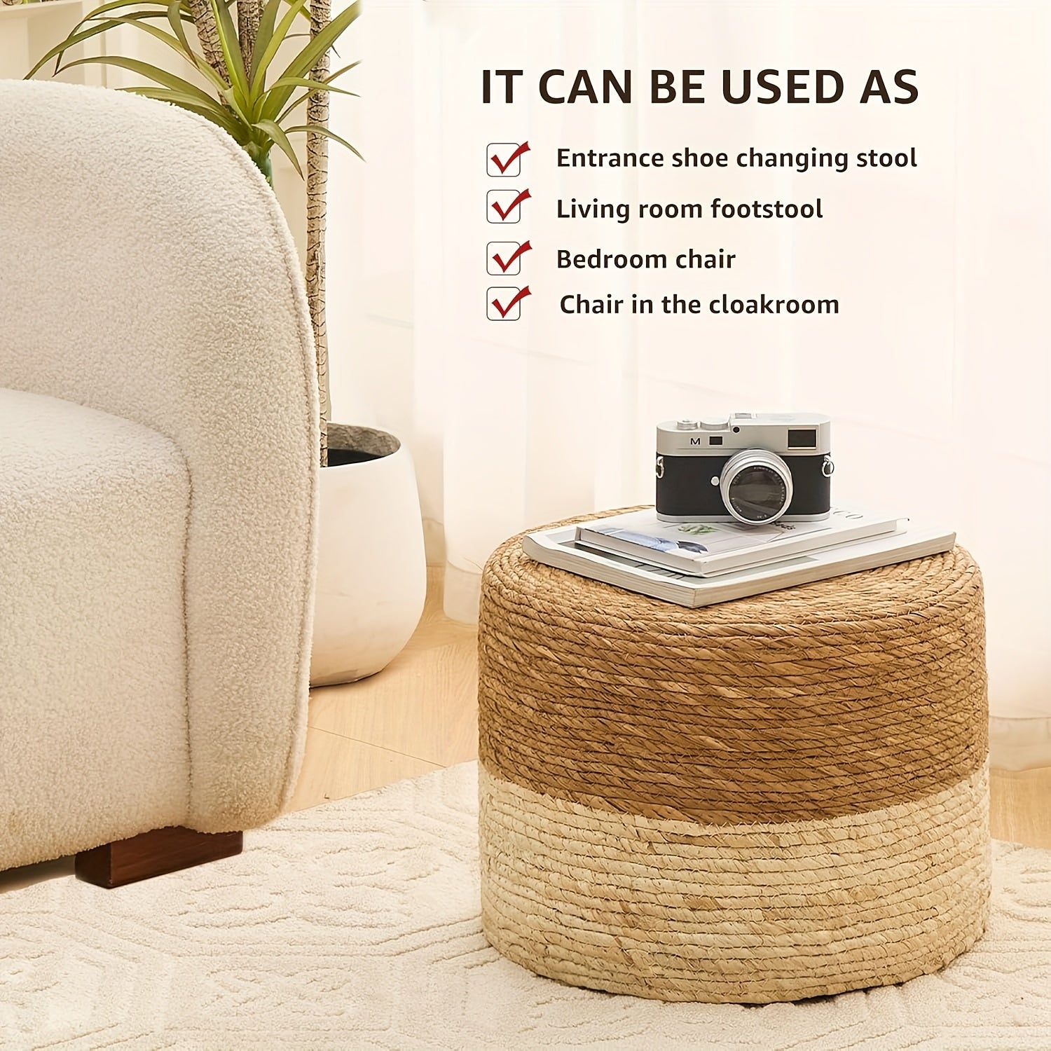 Round Pouf Ottoman, Natural Hand Knitted Footrest Poof, Rustic Lounge Pouffe, Boho Pous Foot Stool, Accent Table Or Seat