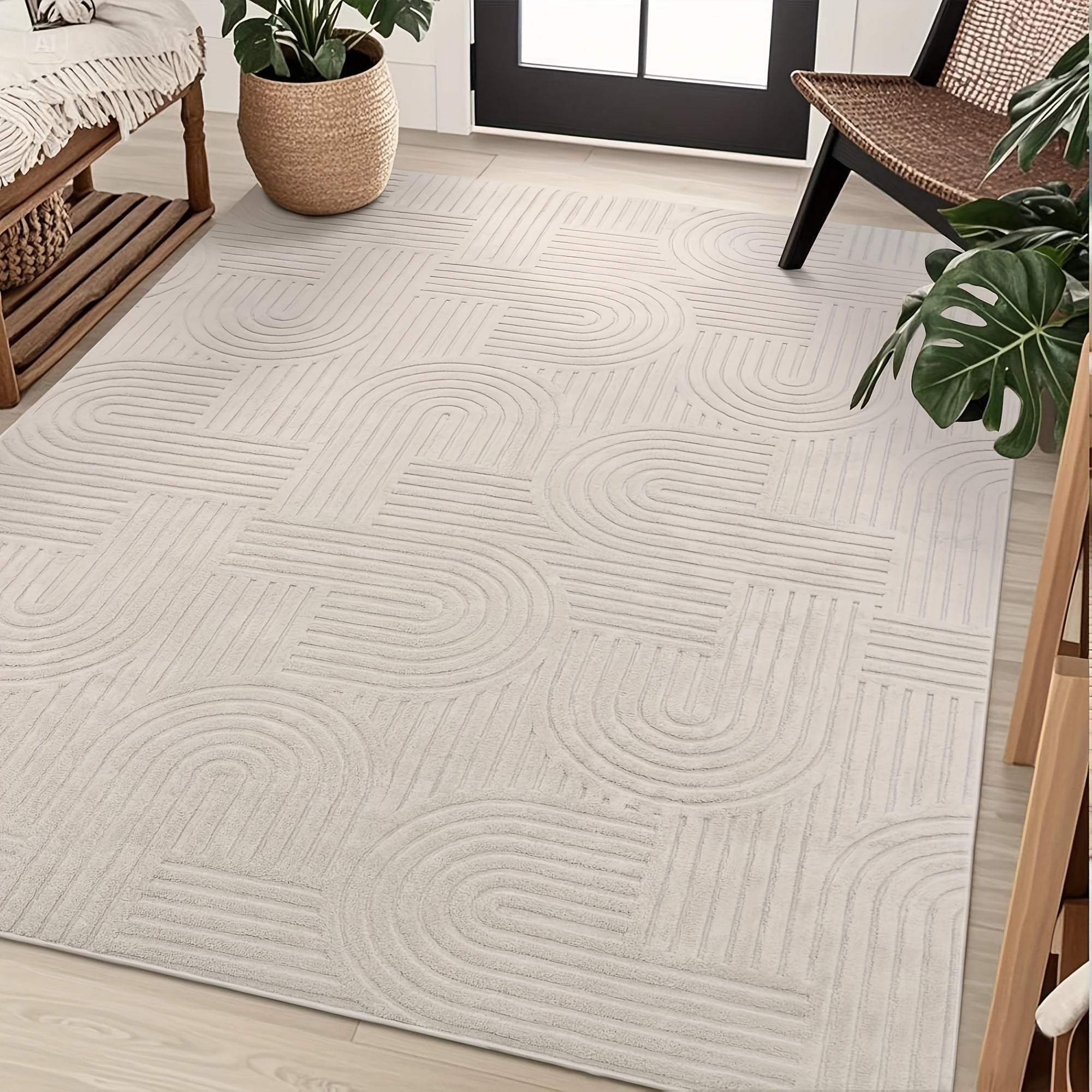 Beige Area Rug with a Soft, Cozy, And Fluffy Arch Pattern Featuring a High-Low Pile Texture. This Modern Geometric Carpet Is Non-Slip And Washable, Making It Perfect for The Living Room, Bedroom, Or Dining Room