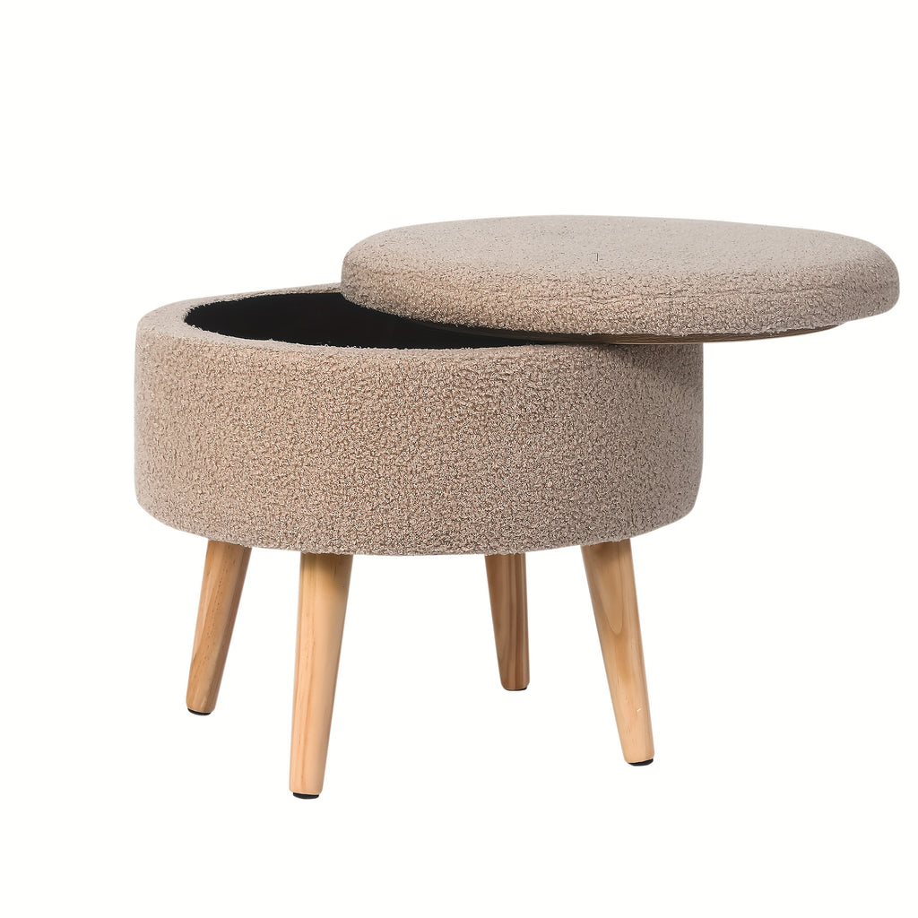 Compact Circular Ottoman Featuring Storage, a Coffee Table with a Detachable Tray Top, Upholstered in Teddy Velvet Fabric, Serving As a Footrest with Wooden Legs, Ideal As a Short Chair Footstool for The Living Area