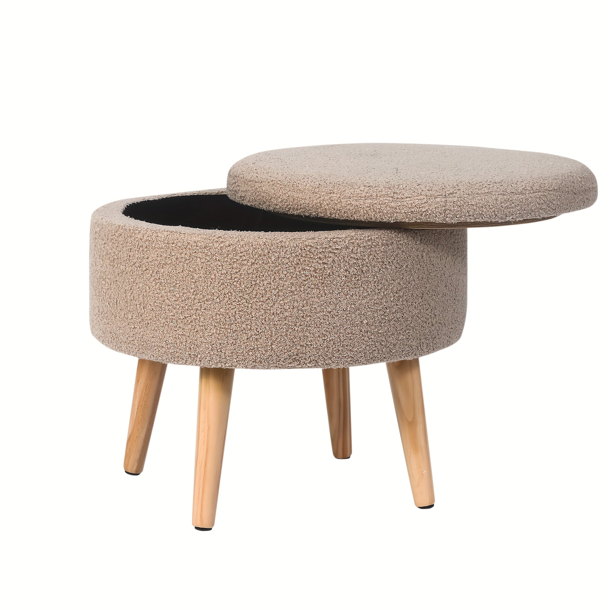 Compact Circular Ottoman Featuring Storage, a Coffee Table with a Detachable Tray Top, Upholstered in Teddy Velvet Fabric, Serving As a Footrest with Wooden Legs, Ideal As a Short Chair Footstool for The Living Area