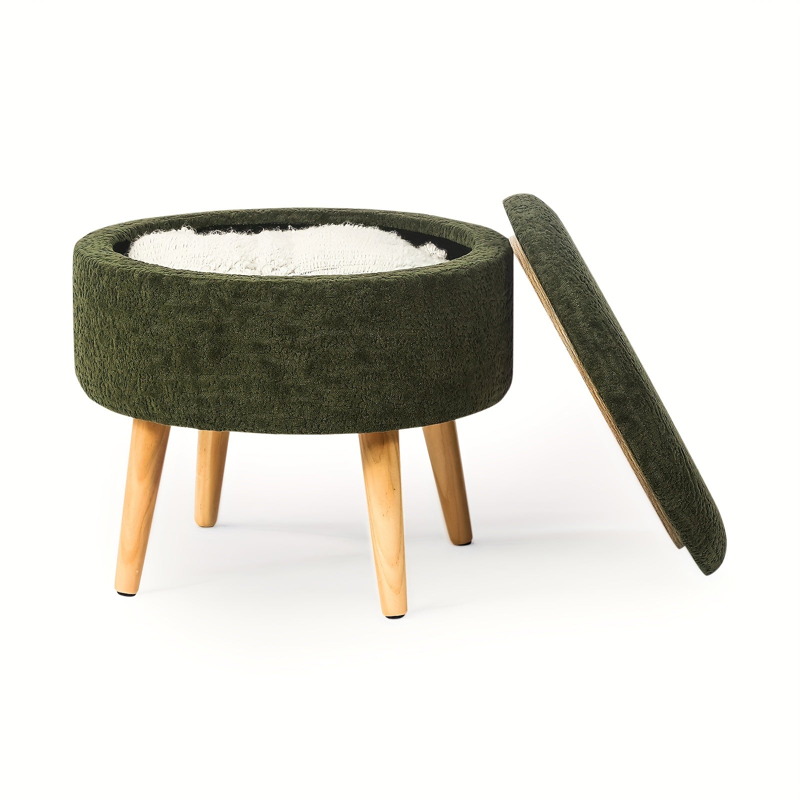 Compact Circular Ottoman Featuring Storage, a Coffee Table with a Detachable Tray Top, Upholstered in Teddy Velvet Fabric, Serving As a Footrest with Wooden Legs, Ideal As a Short Chair Footstool for The Living Area