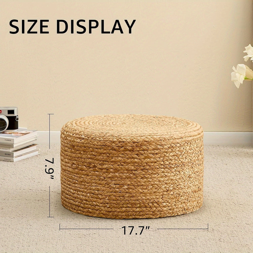 Round Pouf Ottoman, Natural Hand Knitted Footrest Poof, Rustic Lounge Pouffe, Boho Pous Foot Stool, Accent Table Or Seat