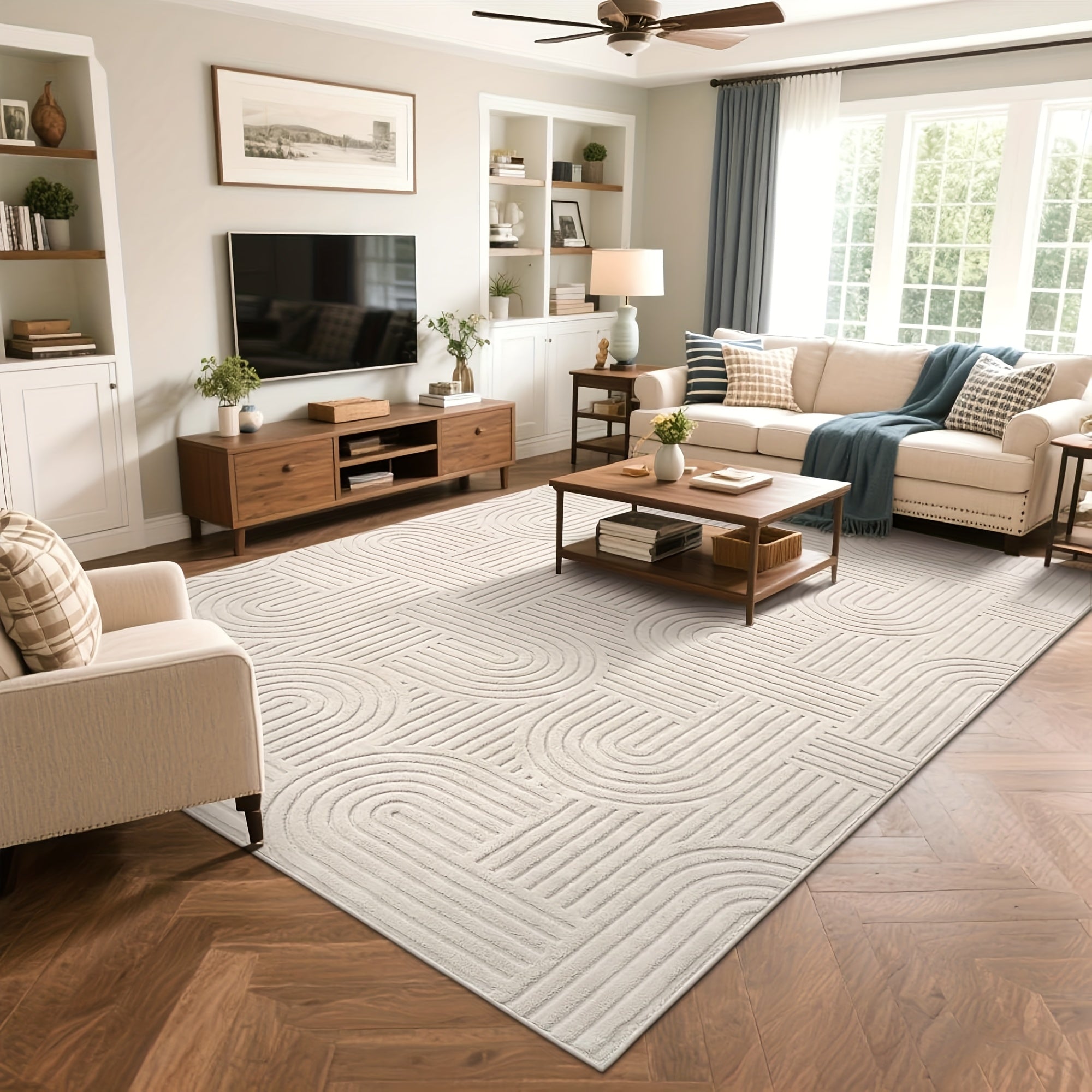 Beige Area Rug with a Soft, Cozy, And Fluffy Arch Pattern Featuring a High-Low Pile Texture. This Modern Geometric Carpet Is Non-Slip And Washable, Making It Perfect for The Living Room, Bedroom, Or Dining Room