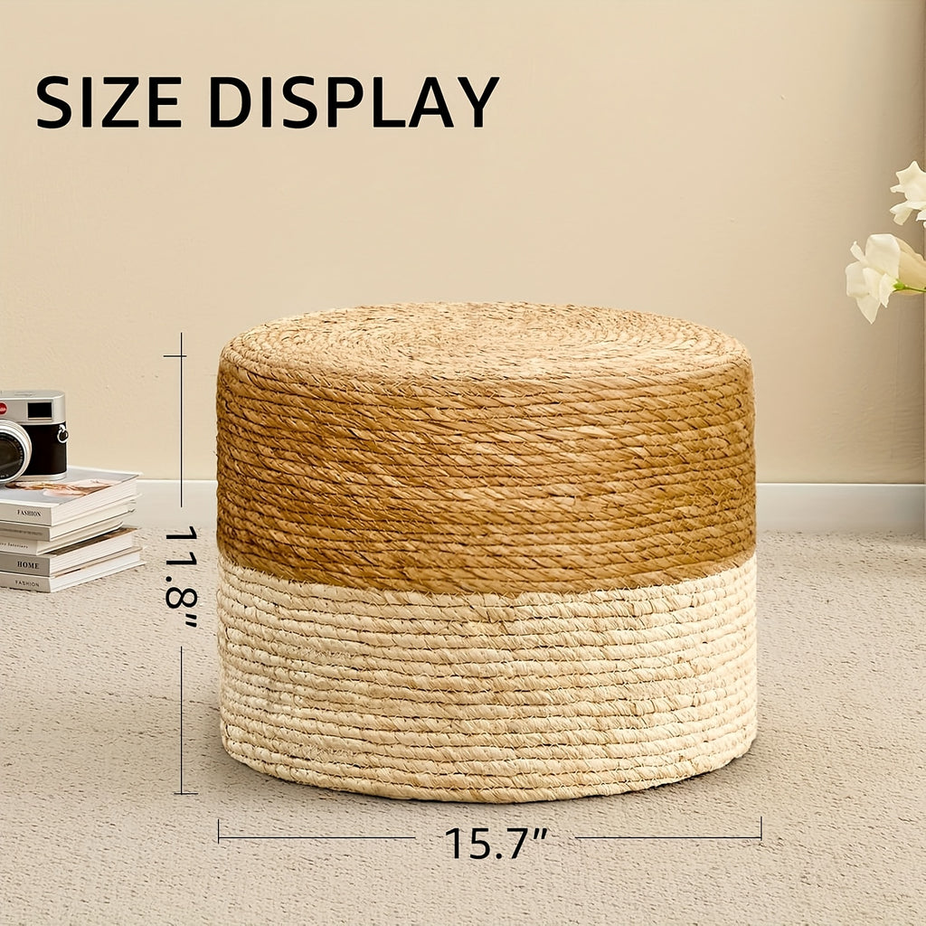 Round Pouf Ottoman, Natural Hand Knitted Footrest Poof, Rustic Lounge Pouffe, Boho Pous Foot Stool, Accent Table Or Seat