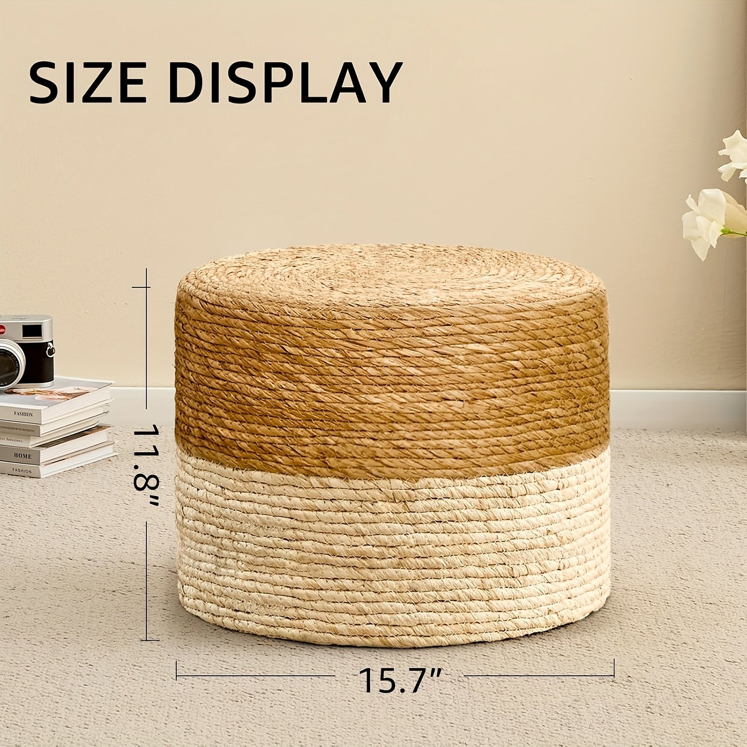 Round Pouf Ottoman, Natural Hand Knitted Footrest Poof, Rustic Lounge Pouffe, Boho Pous Foot Stool, Accent Table Or Seat