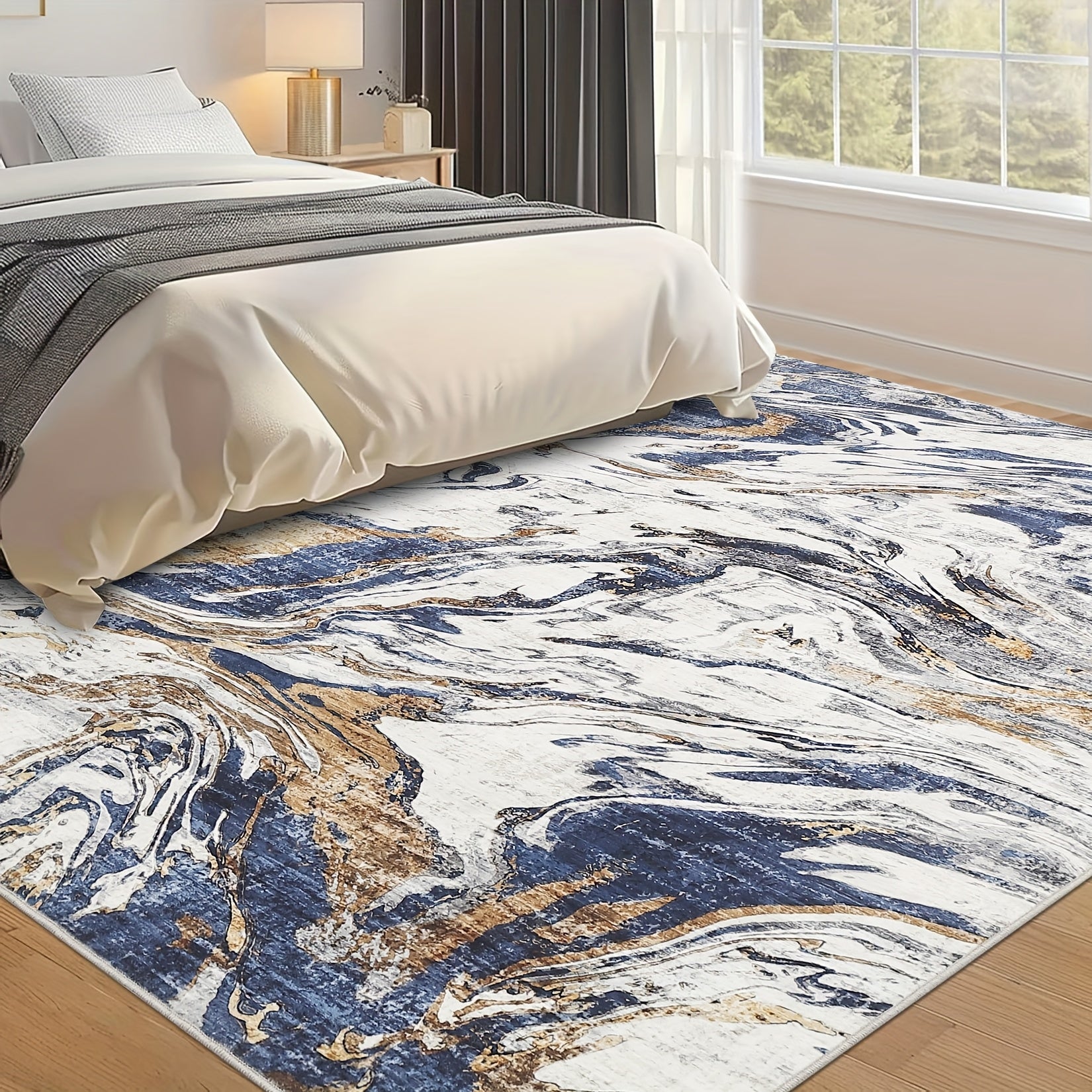 Washable Modern Area Rug Abstract Design Indoor Carpet for Living Room Bedroom Bedside Bathroom Non-Slip Backing, Non-Shedding Contemporary Floor Cover for Kitchen, Blue\u002FGrey\u002FBrown, Home Decoration