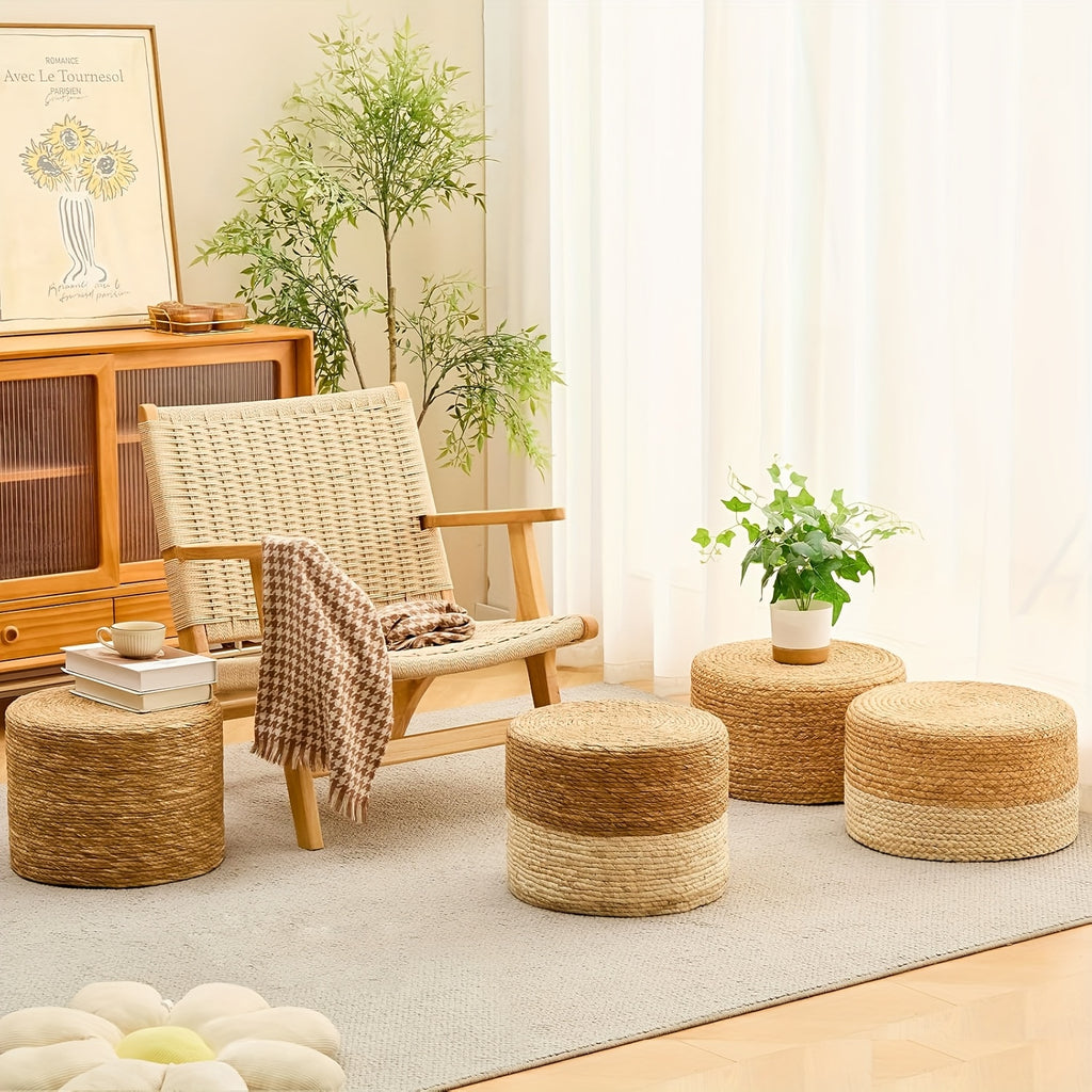 Round Pouf Ottoman, Natural Hand Knitted Footrest Poof, Rustic Lounge Pouffe, Boho Pous Foot Stool, Accent Table Or Seat