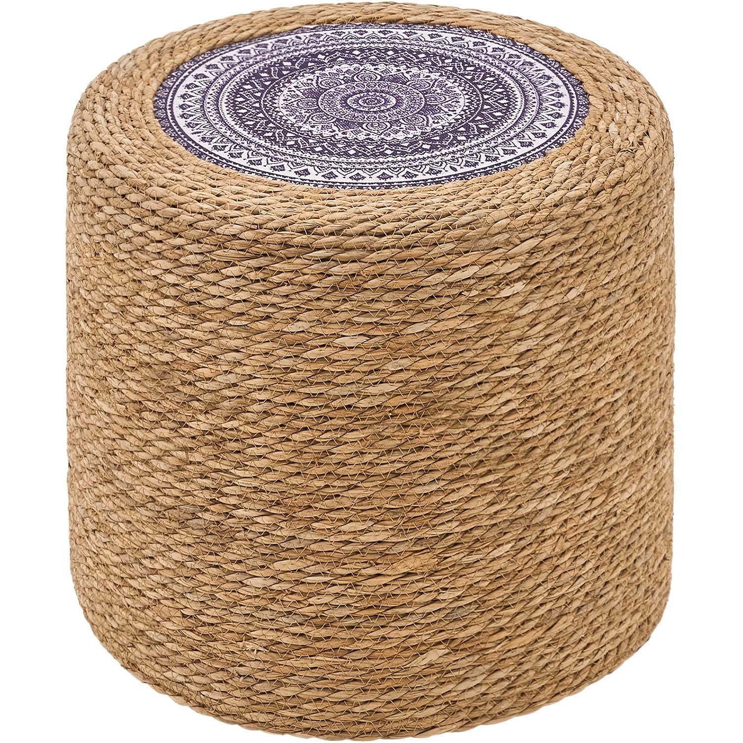 Round Pouf Ottoman, Natural Hand Knitted Footrest Poof, Rustic Lounge Pouffe, Boho Pous Foot Stool, Accent Table Or Seat