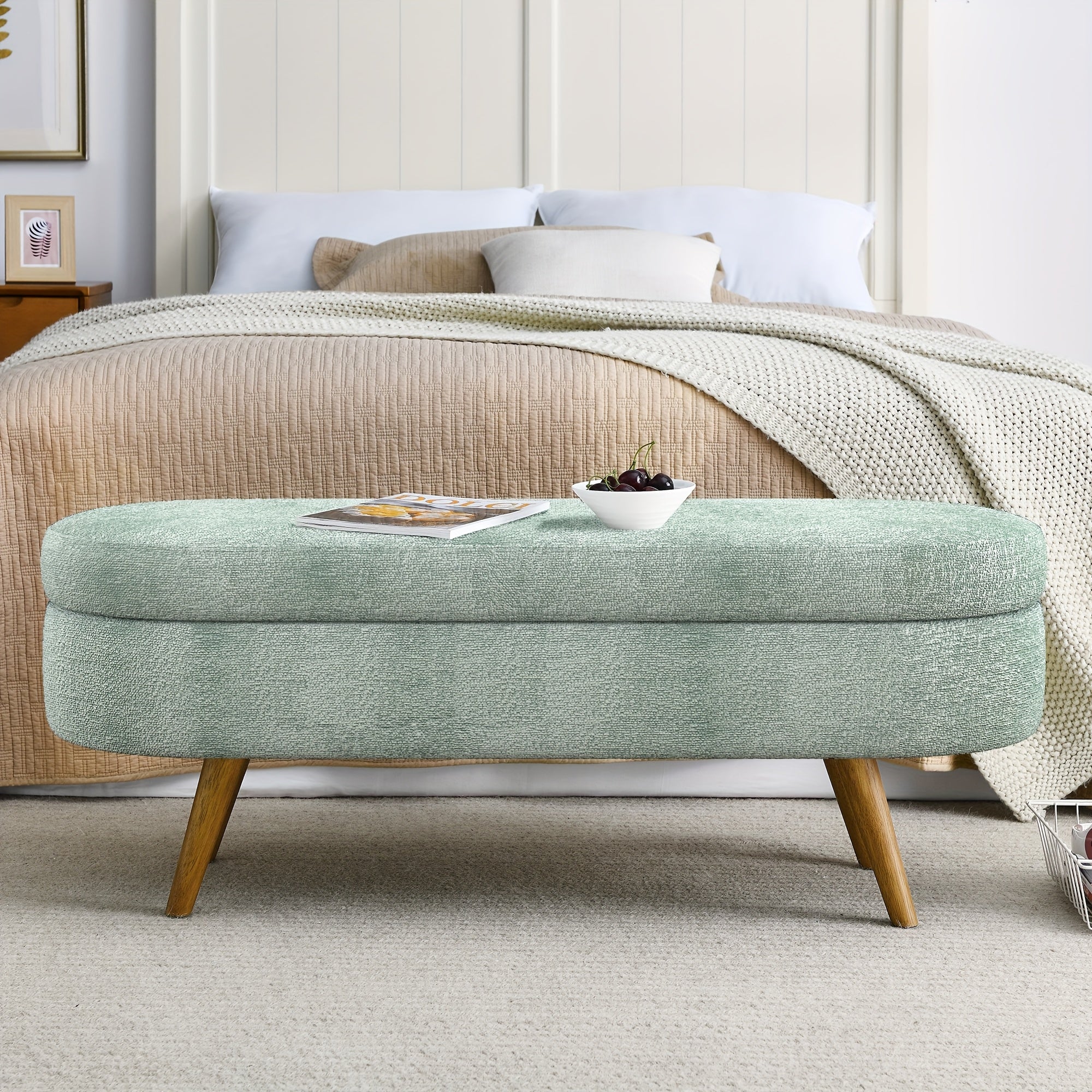 Oval Entrance Storage Bench, Linen Storage Footstool, Modern Comfortable Bedside Stool, Solid Wood Legs And Safety Hinges for Hallway Bedroom Living Room Scene Storage Footstool Bedroom Storage Stool
