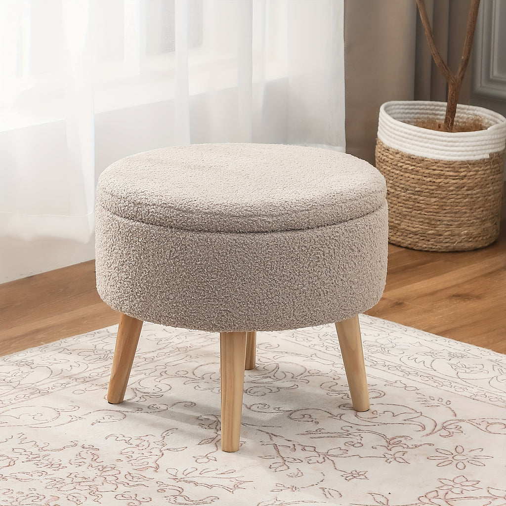 Compact Circular Ottoman Featuring Storage, a Coffee Table with a Detachable Tray Top, Upholstered in Teddy Velvet Fabric, Serving As a Footrest with Wooden Legs, Ideal As a Short Chair Footstool for The Living Area