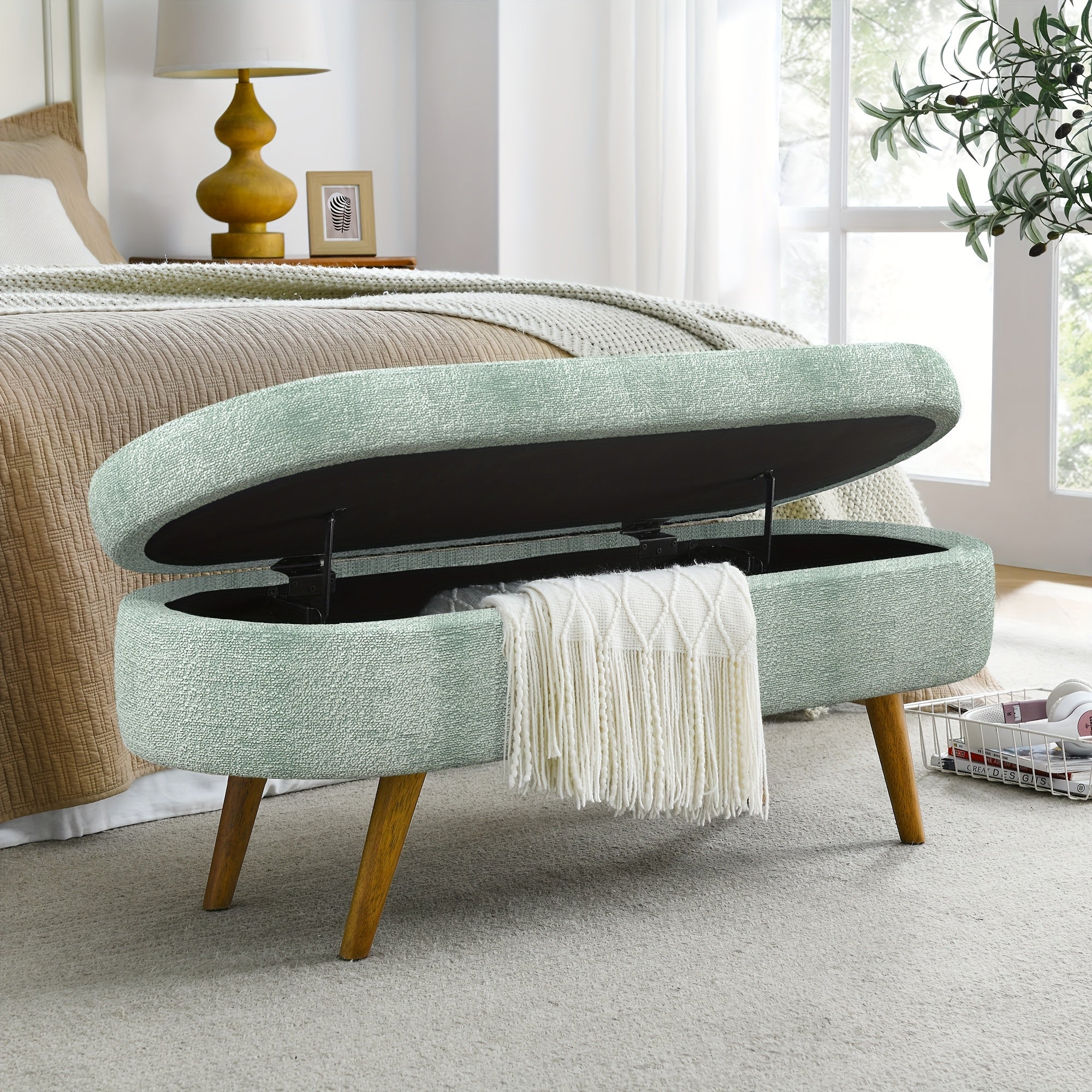 Oval Entrance Storage Bench, Linen Storage Footstool, Modern Comfortable Bedside Stool, Solid Wood Legs And Safety Hinges for Hallway Bedroom Living Room Scene Storage Footstool Bedroom Storage Stool
