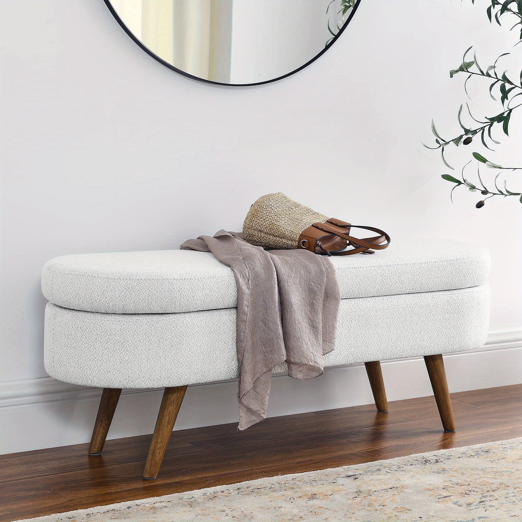 Oval Entrance Storage Bench, Linen Storage Footstool, Modern Comfortable Bedside Stool, Solid Wood Legs And Safety Hinges for Hallway Bedroom Living Room Scene Storage Footstool Bedroom Storage Stool