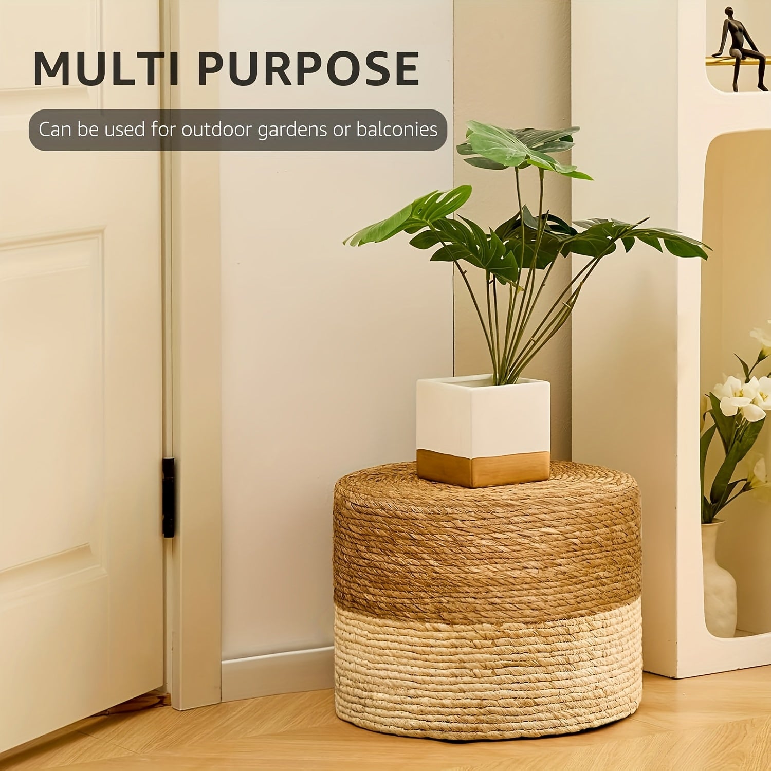 Round Pouf Ottoman, Natural Hand Knitted Footrest Poof, Rustic Lounge Pouffe, Boho Pous Foot Stool, Accent Table Or Seat
