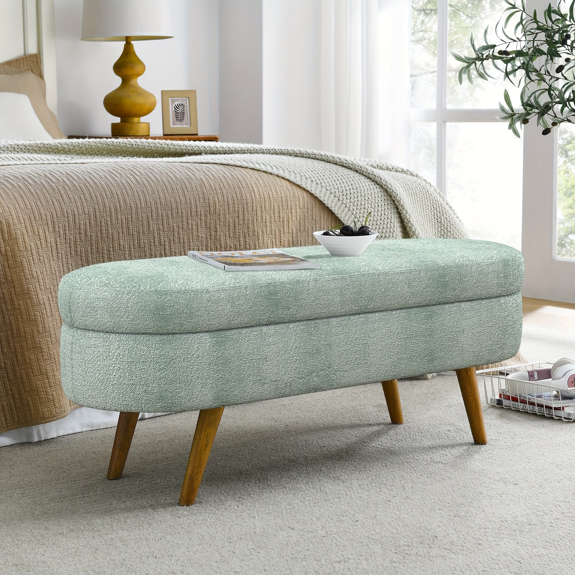 Oval Entrance Storage Bench, Linen Storage Footstool, Modern Comfortable Bedside Stool, Solid Wood Legs And Safety Hinges for Hallway Bedroom Living Room Scene Storage Footstool Bedroom Storage Stool