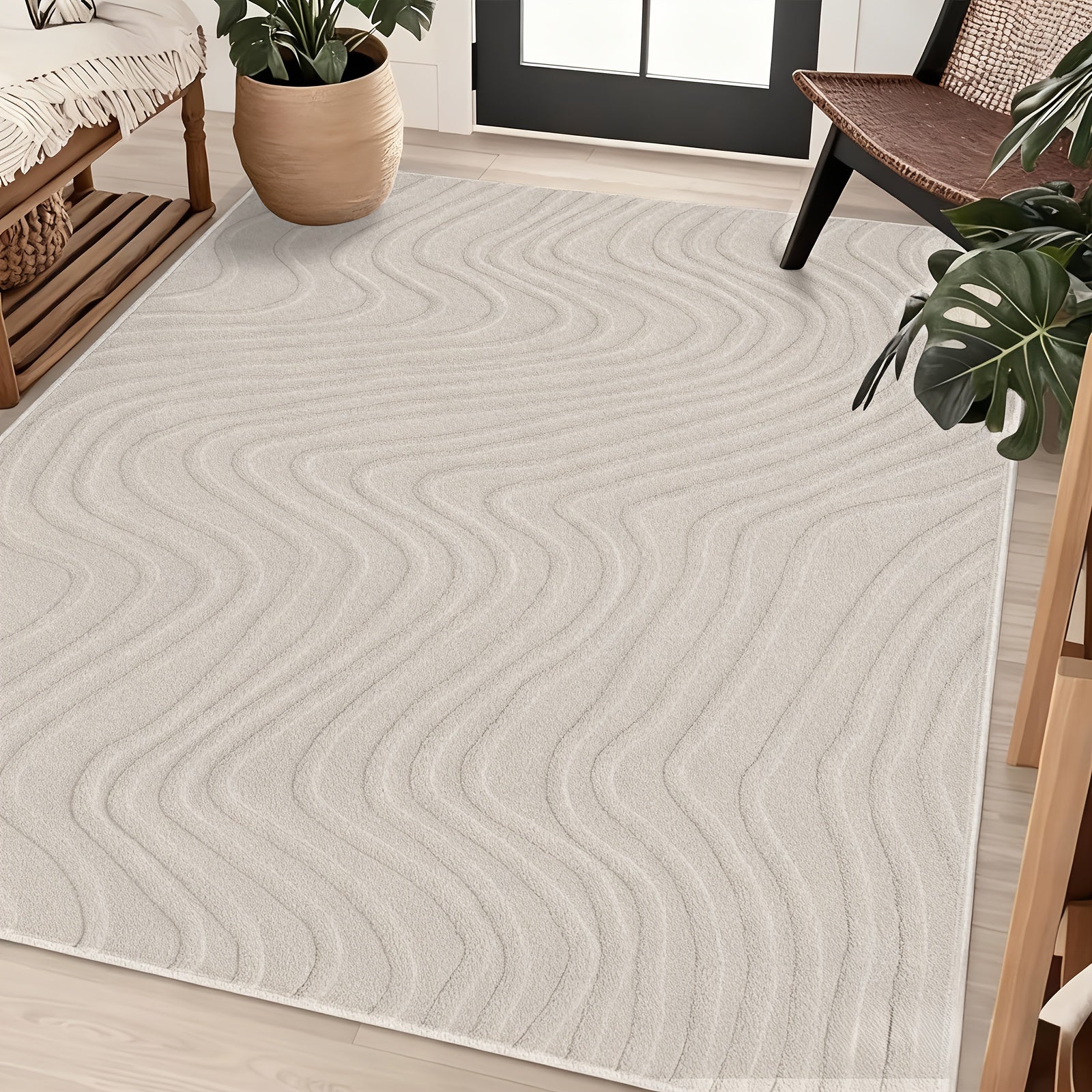 Beige Area Rug with a Soft, Cozy, And Fluffy Arch Pattern Featuring a High-Low Pile Texture. This Modern Geometric Carpet Is Non-Slip And Washable, Making It Perfect for The Living Room, Bedroom, Or Dining Room
